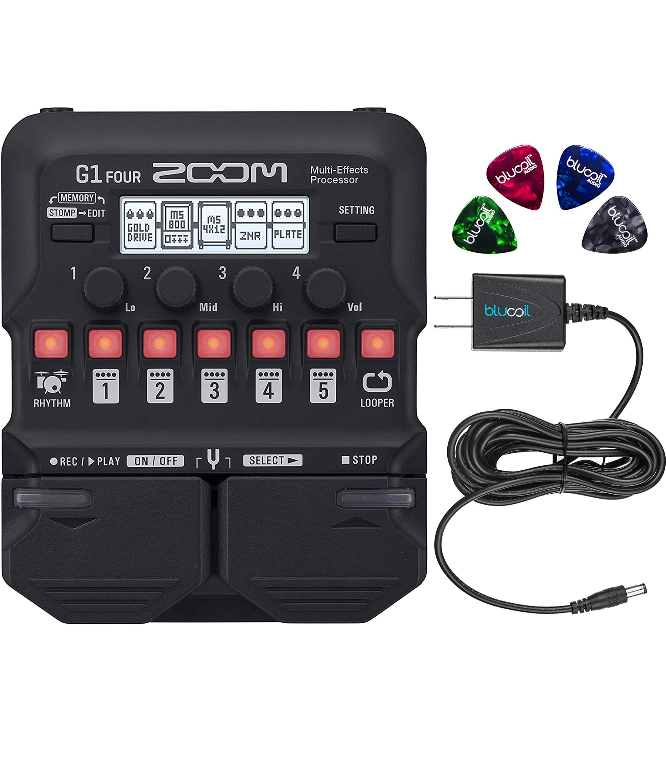 Zoom G1 FOUR Multi-Effects Processor Bundle with Guitar Lab Software Download, Blucoil Slim 9V Power Supply AC Adapter, and 4-Pack of Celluloid Guitar Picks