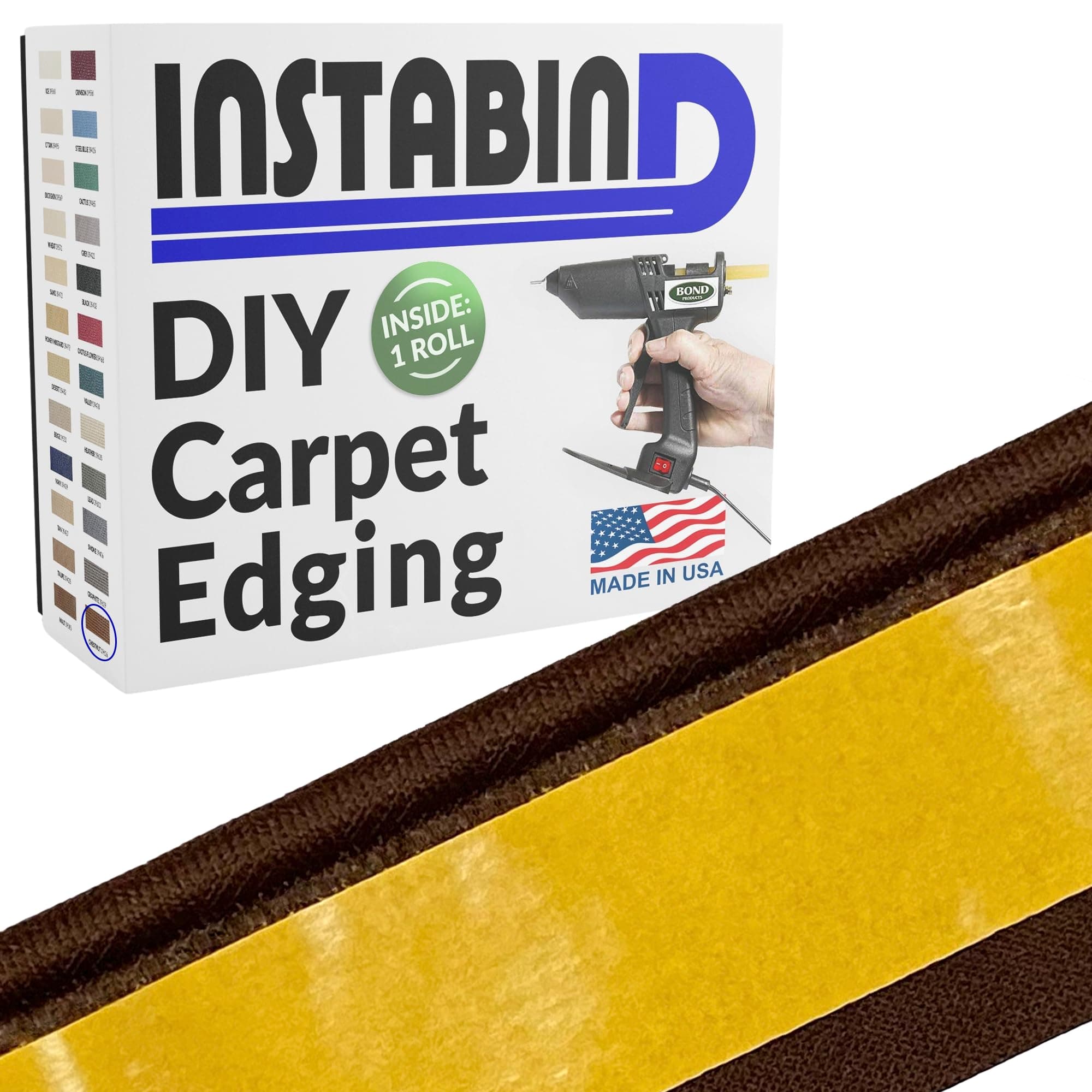 Instabind 54 ft Roll Premium Carpet Edge Binding – Regular Style Carpet Edge Trim for Do-It-Yourself Rug Edging- With Durable Hold & Easy Finishing for Rug Edges - USA Made Flooring Products, Chestnut
