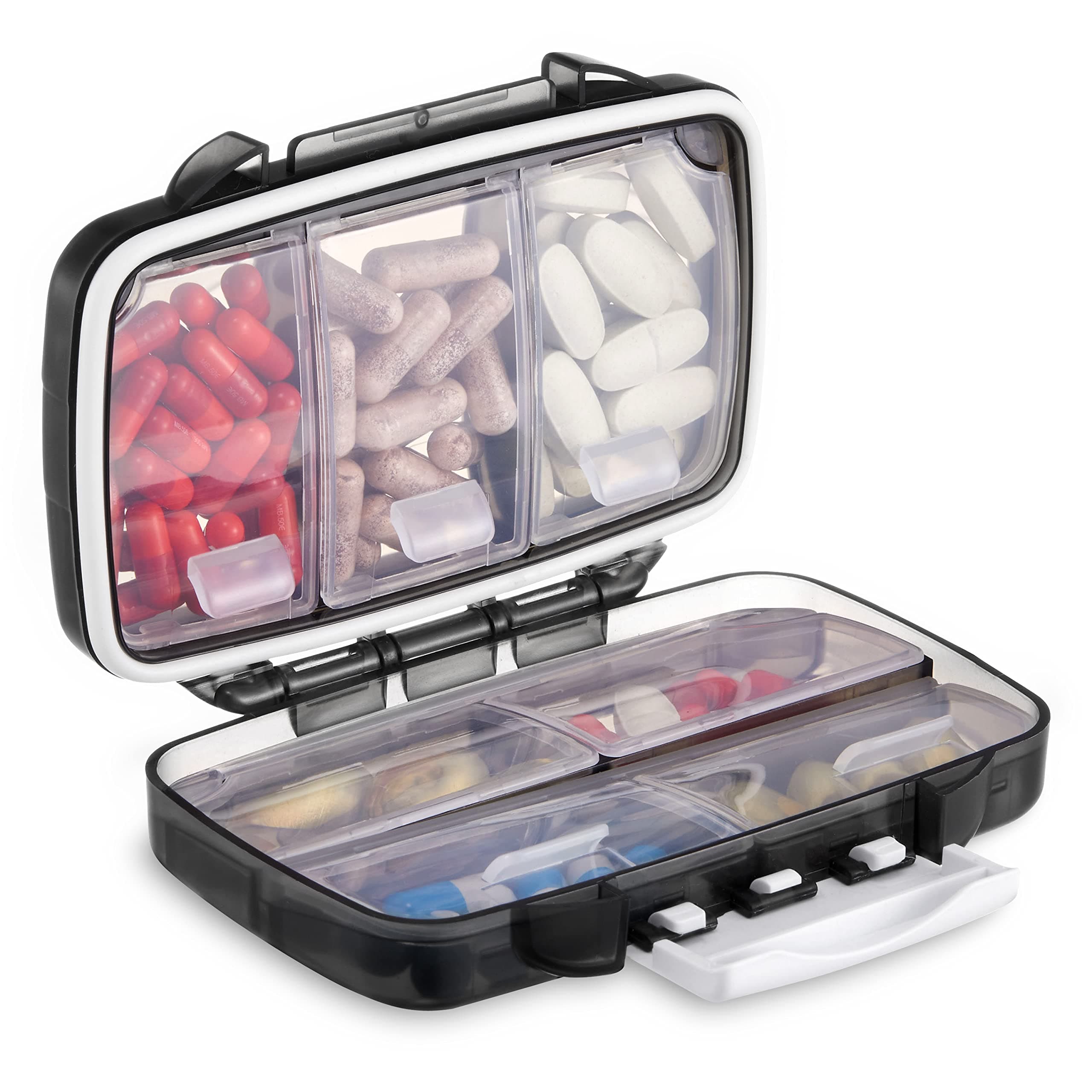 Weekly 7 Daily Compartment Pill Box Organizer, Fullicon Compact Portable Travel Moisture Water Proof Large Capacity Pill Dispenser Medication Organizer (Black)