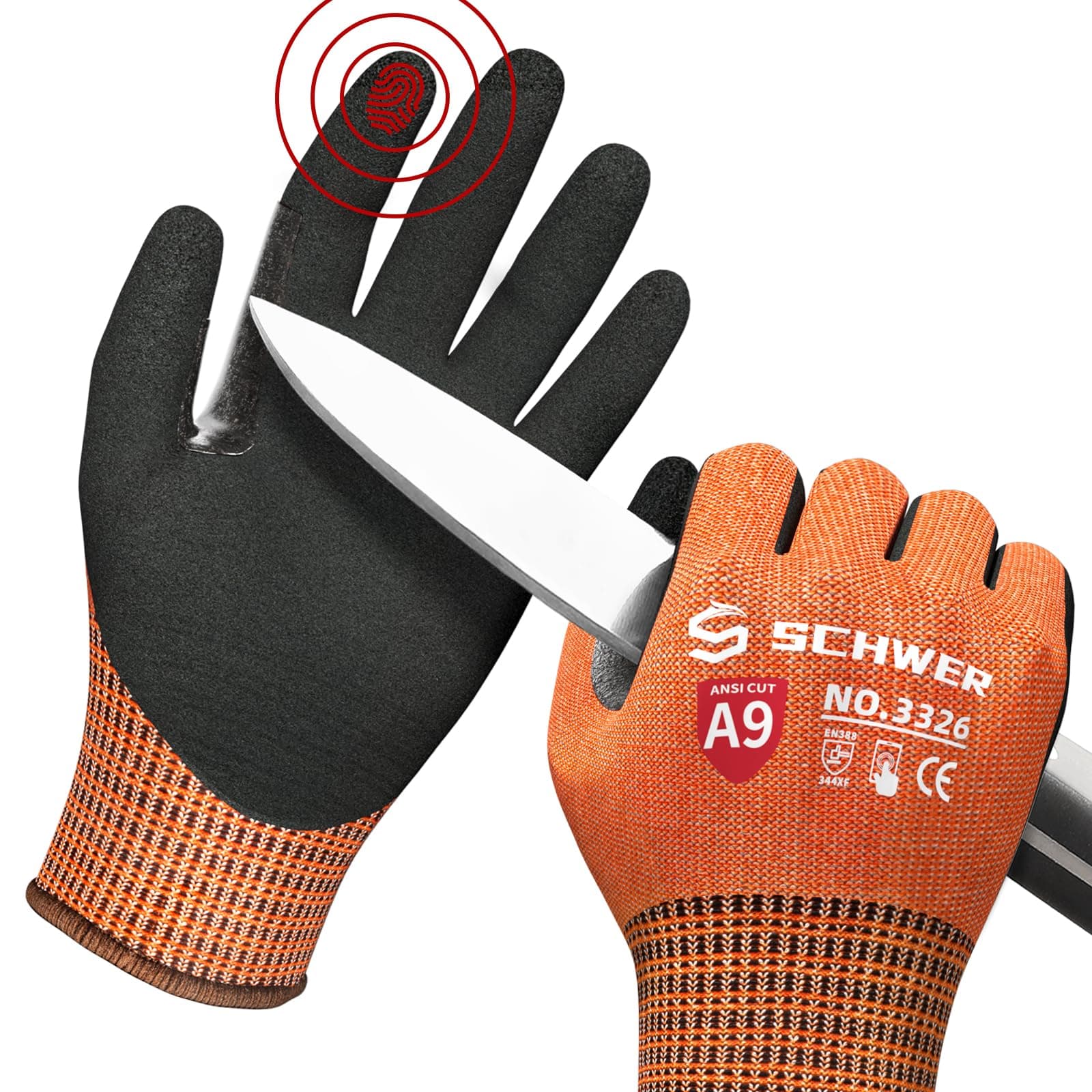 ProGuard Highest Level Cut Resistant Work Gloves PR3326 for Extreme Protection，ANSI A9 Cut Gloves with Reinforced Thumb, Non Slip, Breathable, Durable, Touch-screen, Orange 1 Pair（L）