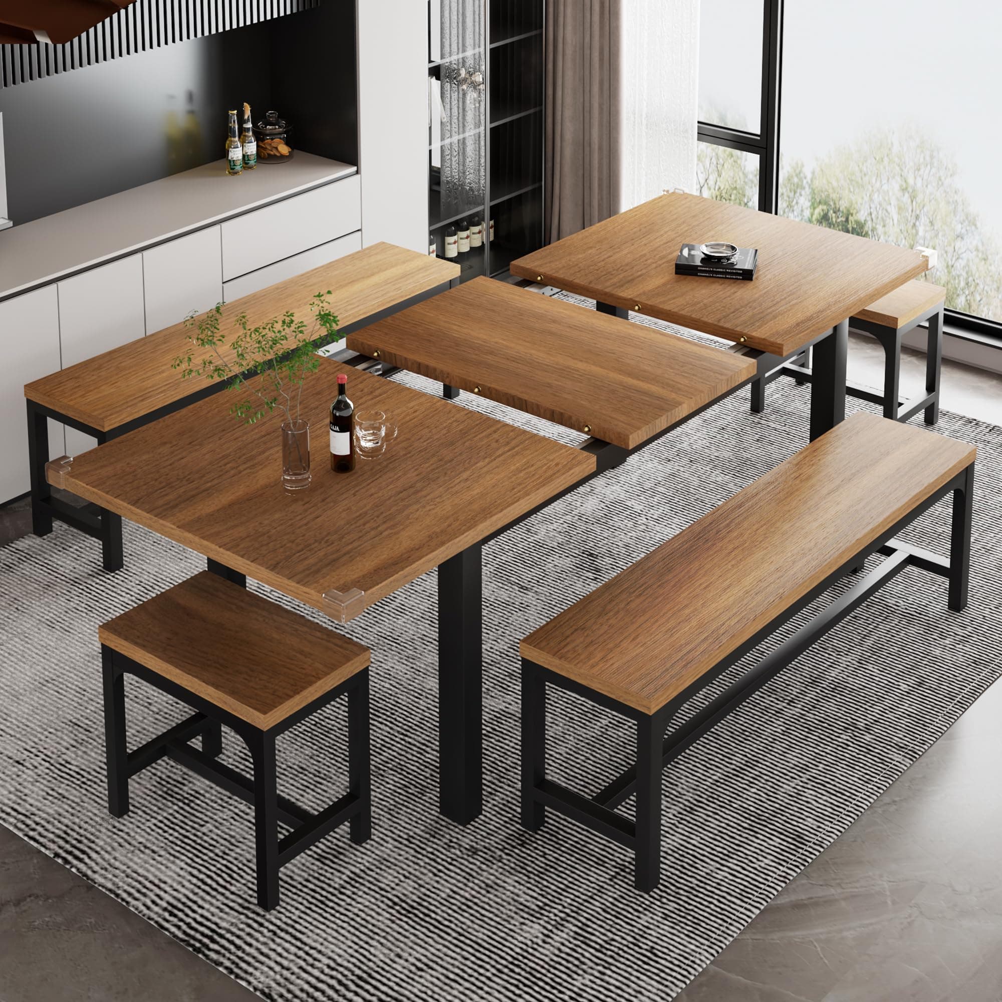 iPormis 5-Piece Dining Table Set for 4-8 People, Extendable Kitchen Table Set with 2 Benches and 2 Square Stools, Modern Dining Room Table with Metal Frame & MDF Board, Saving Space, Walnut