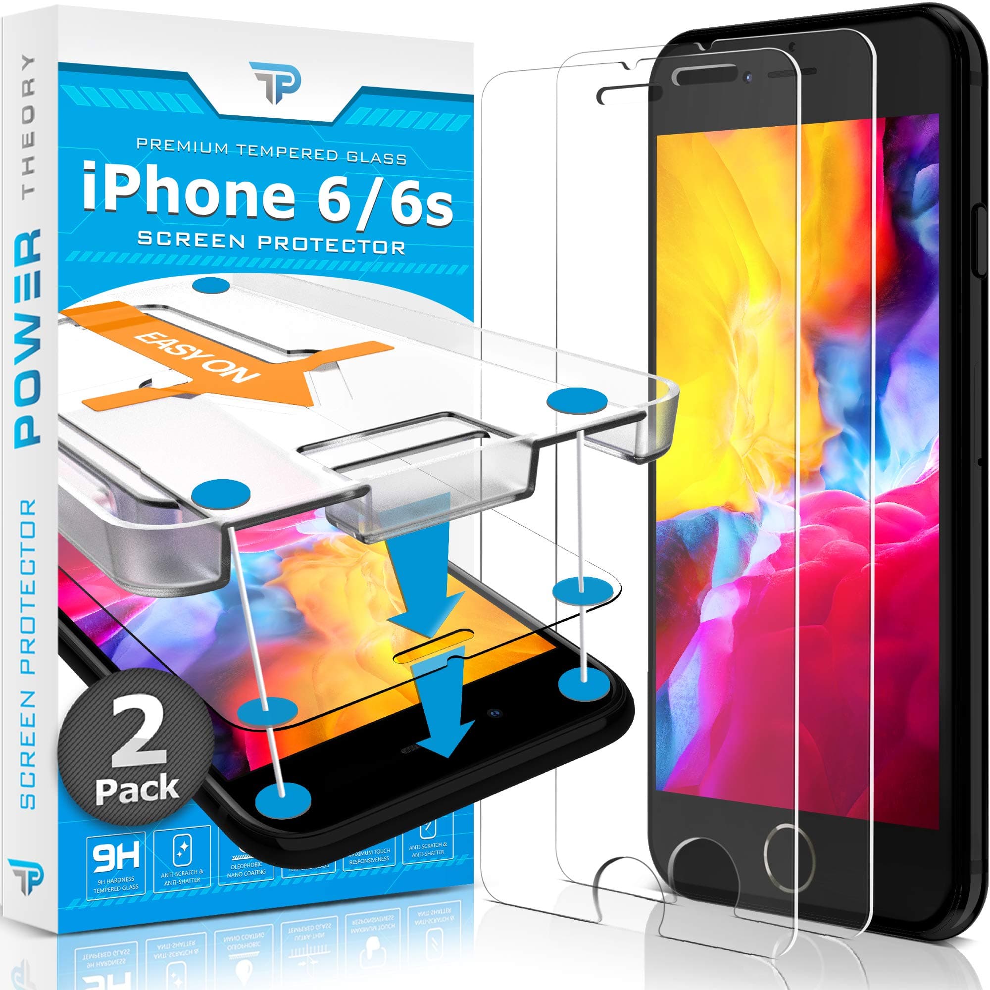 Power Theory Designed for iPhone 6 and 6s Screen Protector Tempered Glass [9H Hardness], Easy Install Kit, 99% HD Bubble Free Clear, Case Friendly, Anti-Scratch, 2 Pack (iPhone 6s & 6)