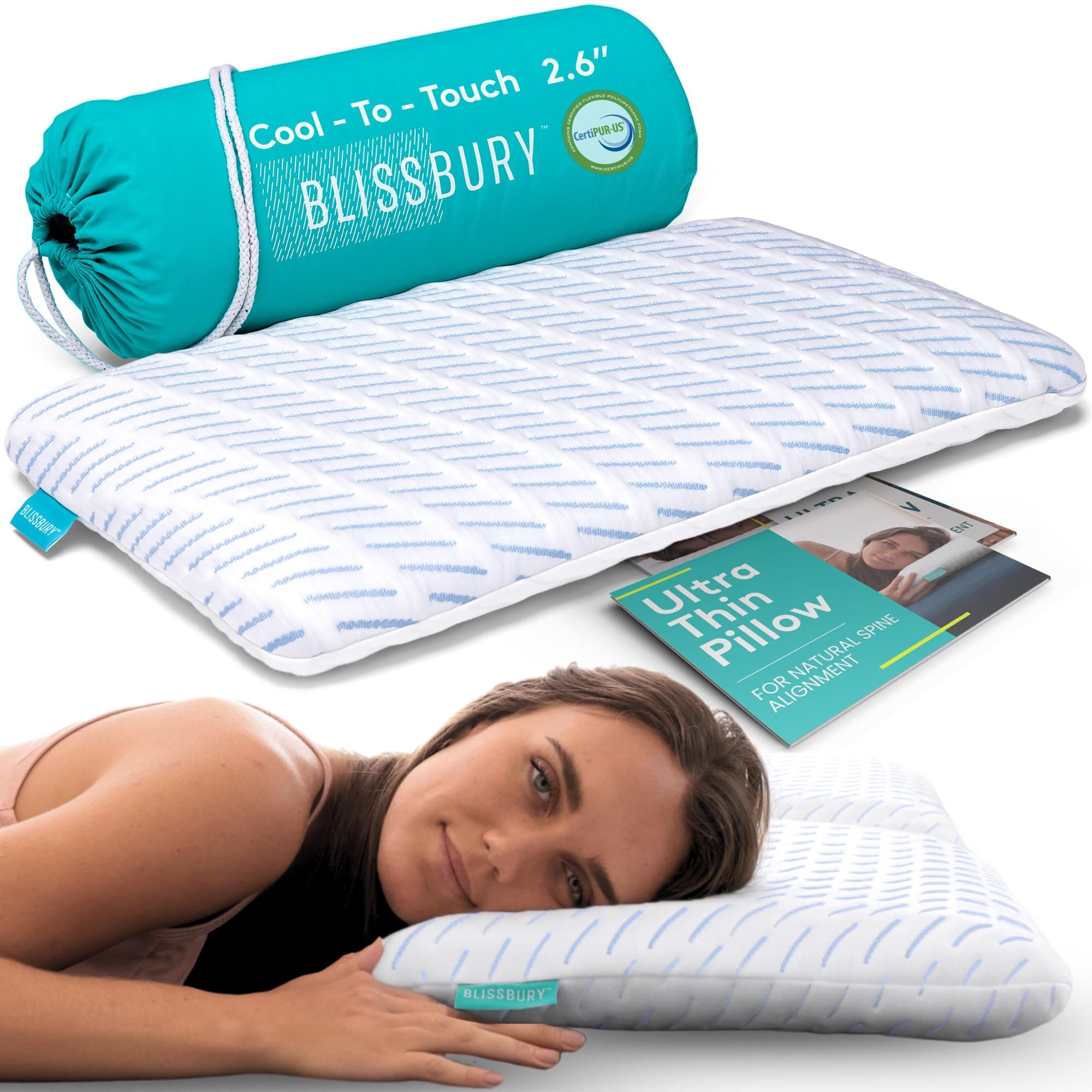 BLISSBURY 2.6 Inch Cooling Ultra Thin Pillow for Sleeping | Flat Pillow for Stomach Sleeper & Back Sleeper | Cooling Memory Foam Stomach Sleeping Pillow | Removable Cool-Tech Pillow Case