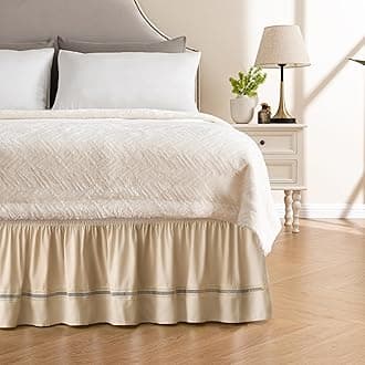 MIYE Wrap Around Ruffled Lace Bed Skirt, Elastic Dust Ruffle with Adjustable Belts, Easy to Put On, Bed Frame Cover, Machine Washable (Ruffled Lace/Cream, King/Queen-18 Drop)