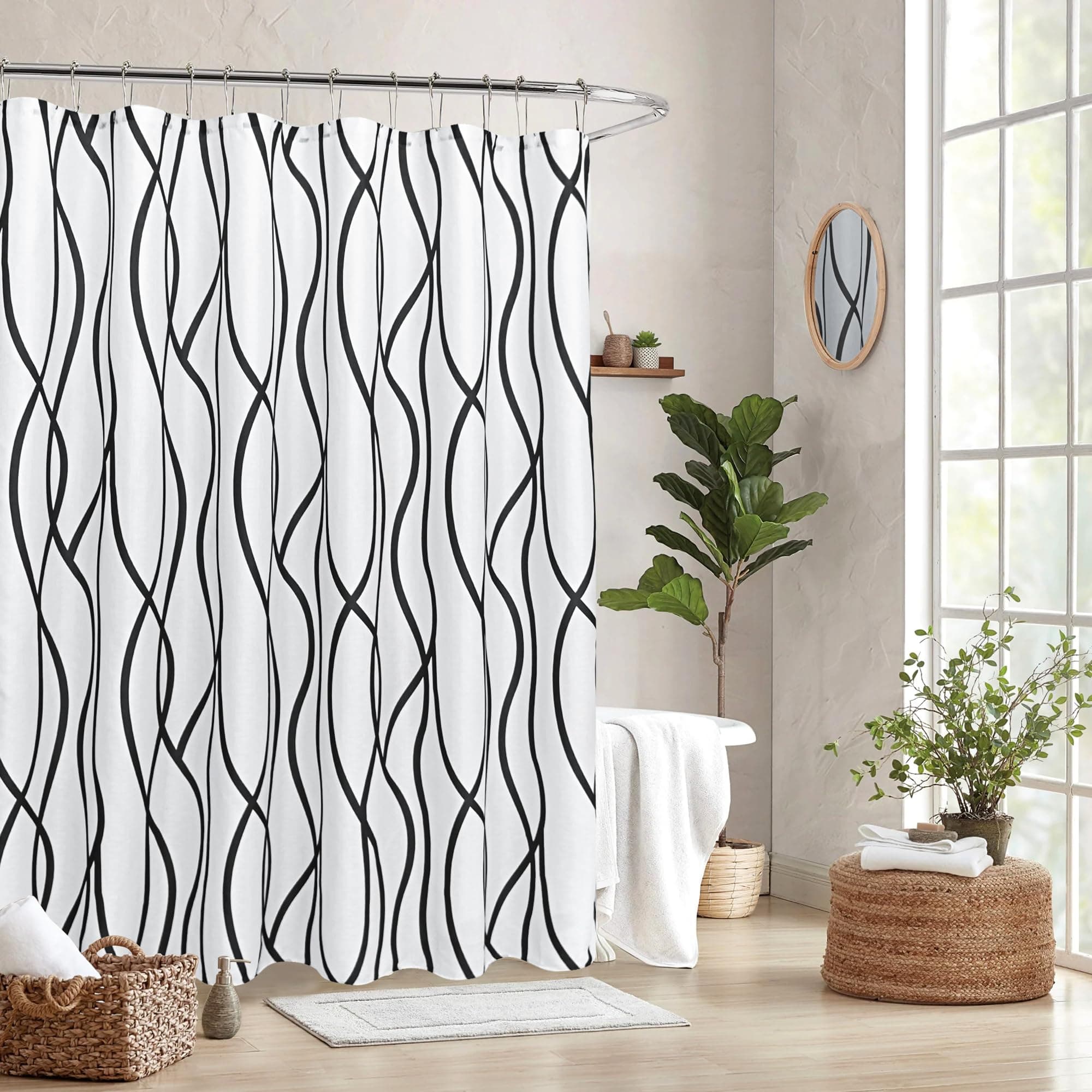 Extra Long Textured Fabric Shower Curtain 72 W x 84 L, Black Printed Striped Linen Modern Hotel Luxury Quality Cloth Bathroom Curtains Machine Washable