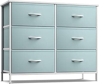 Dresser with 6 Drawers - Furniture Storage Tower Unit for Bedroom, Hallway, Closet, Office Organization - Steel Frame, Wood Top, Easy Pull Fabric Bins (6-Drawer, Pastel Aqua)