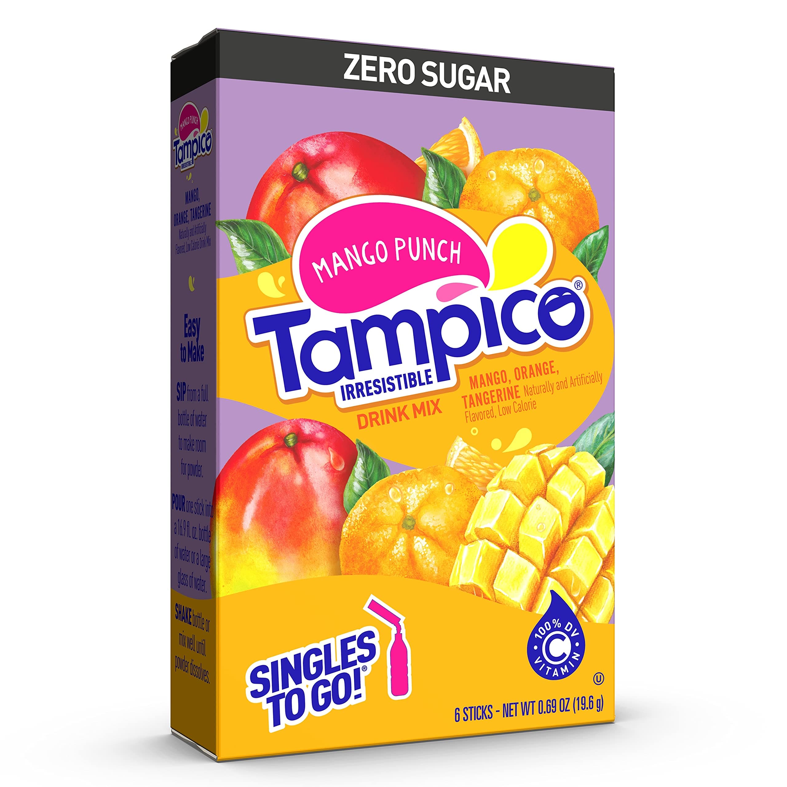 Tampico Singles To Go Drink Mix Packets, Mango Punch, Zero Sugar, Low Calorie, 100% DV of Vitamin C per Serving, Convenient, On-The-Go Water Enhancers, 6 sticks, Pack of 1