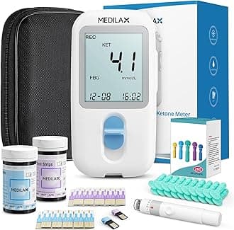 Medilax Ketone Monitor and Glucose Meter Kit - Dual Blood Sugar and Ketone Test Meter Kit with 10 Ketone Test Strips, 10 Glucose Test Strips, Lancets & Lancing Device, Strip Calibration Needed
