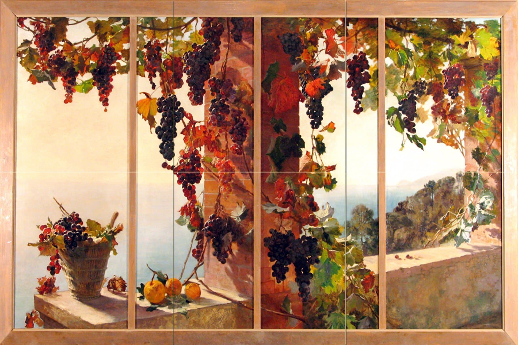 View from The Window Grape Vine sea by Ruth Mercier Tile Mural Kitchen Bathroom Wall Backsplash Behind Stove Range Sink Splashback 3x2 4" Marble, Matte