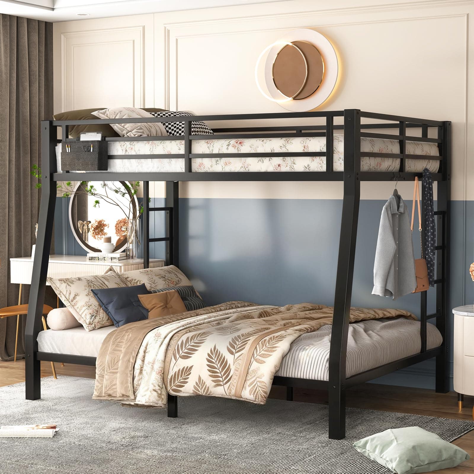 Full XL Over Queen Bunk Bed, Metal Bunk Bed Frame Heavy Duty Bunk Beds Loft Bed Frame with Ladder and Guardrail Metal Slats No Box Spring Required for Adults Teens, Black