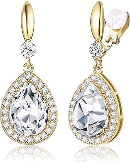THUNARAZ Elegant Clip on Earrings for Women Sparkling Teardrop Dangle Clip Earrings Non-Pierced Rhinestone Cubic Zirconia Wedding Prom Jewelry 14K Gold and Silver Tone