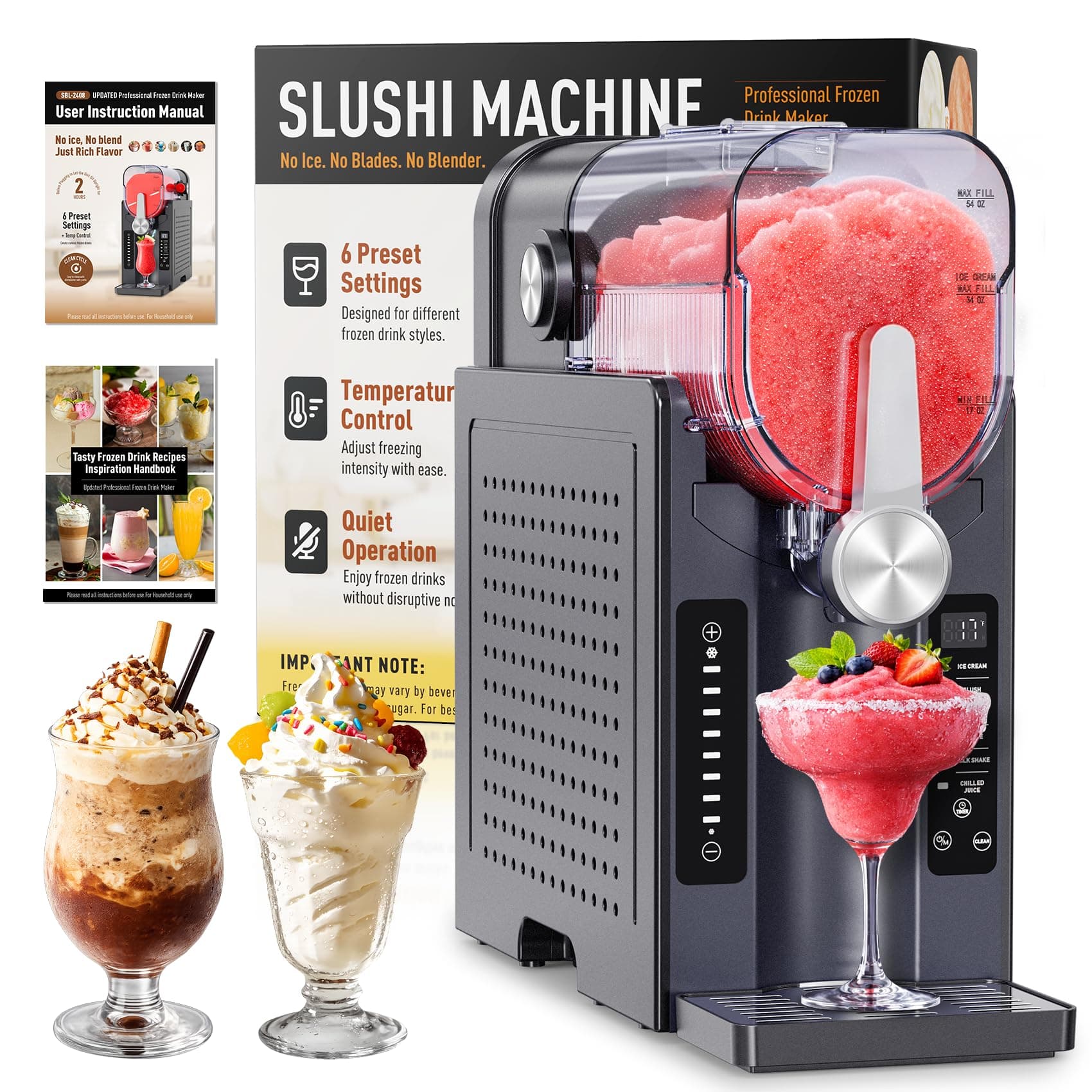BKPPM Slushie Machine: No Ice Needed Slushy Machine for Home, 6 Preset, Real-Time Temp Display, Auto-Clean | Frozen Margaritas, Cocktails, Frappés, Ice Cream, Smoothies, Milkshakes,Summer Parties