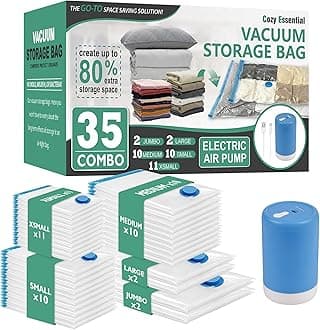 Cozy Essential Travel Vacuum Storage Bags with Rechargeable Cordless Electric Pump, Space Saver Bags for Luggage, Suitcase, Carry-On, for Clothes, Blankets, Comforters, Pillows, 35 Combo