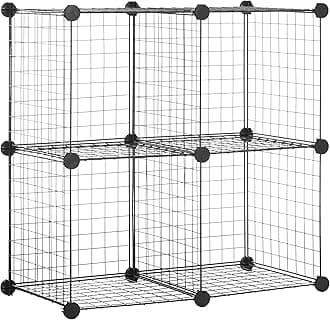 4 Cube Wire Grid Storage Organizer, Closet Organizer and Shelves, Stackable, Space-Saving, Easy to Assemble, 14"x14"x14", Black