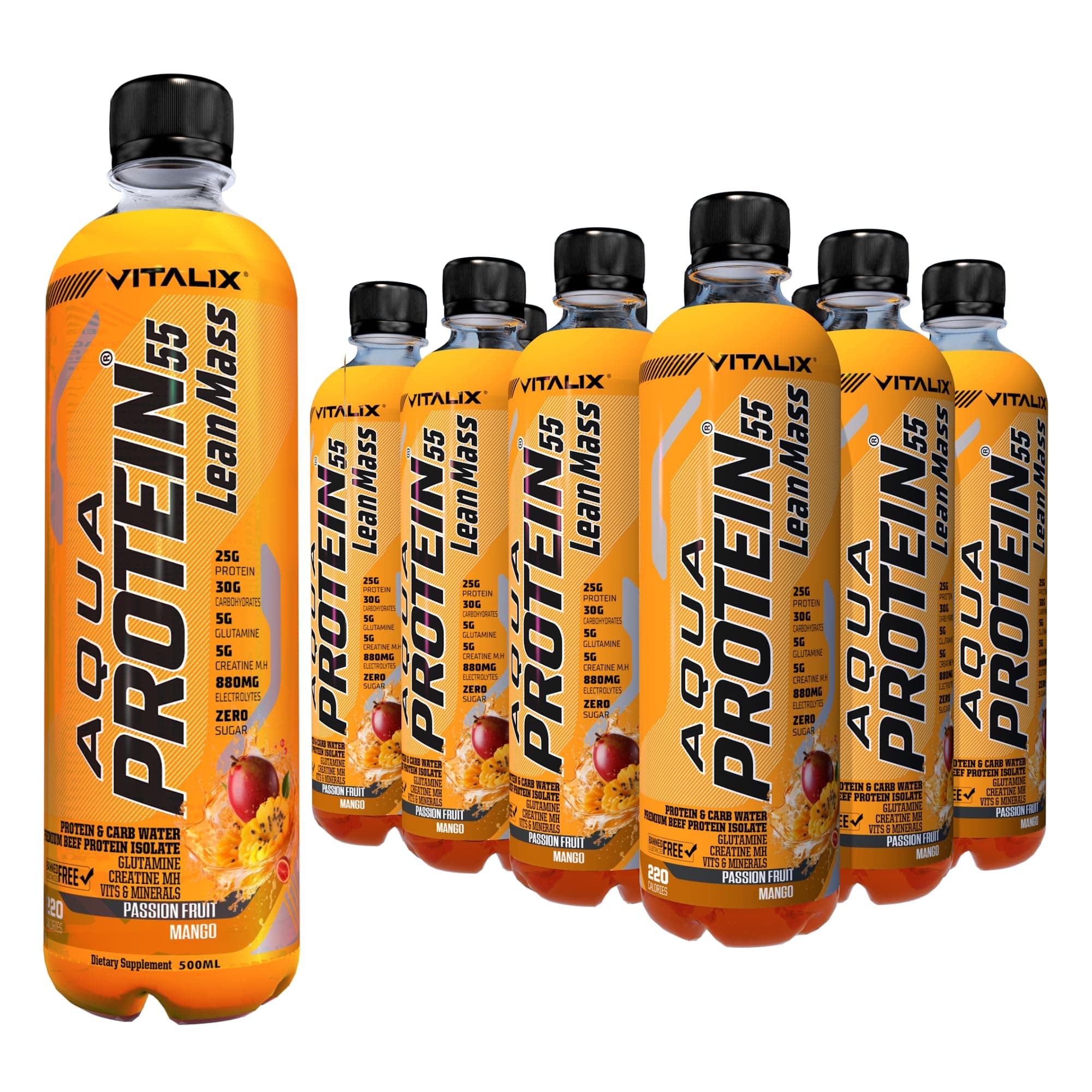 Vitalix Aqua Protein 55 Lean Mass Mango Passion Fruit Complete Meal Post Workout Drink – Zero Sugar,25g Beef Protein Water, 30g Carbohydrates, Creatine Monohydrate Ramadan Drink 500ml Pack of 12