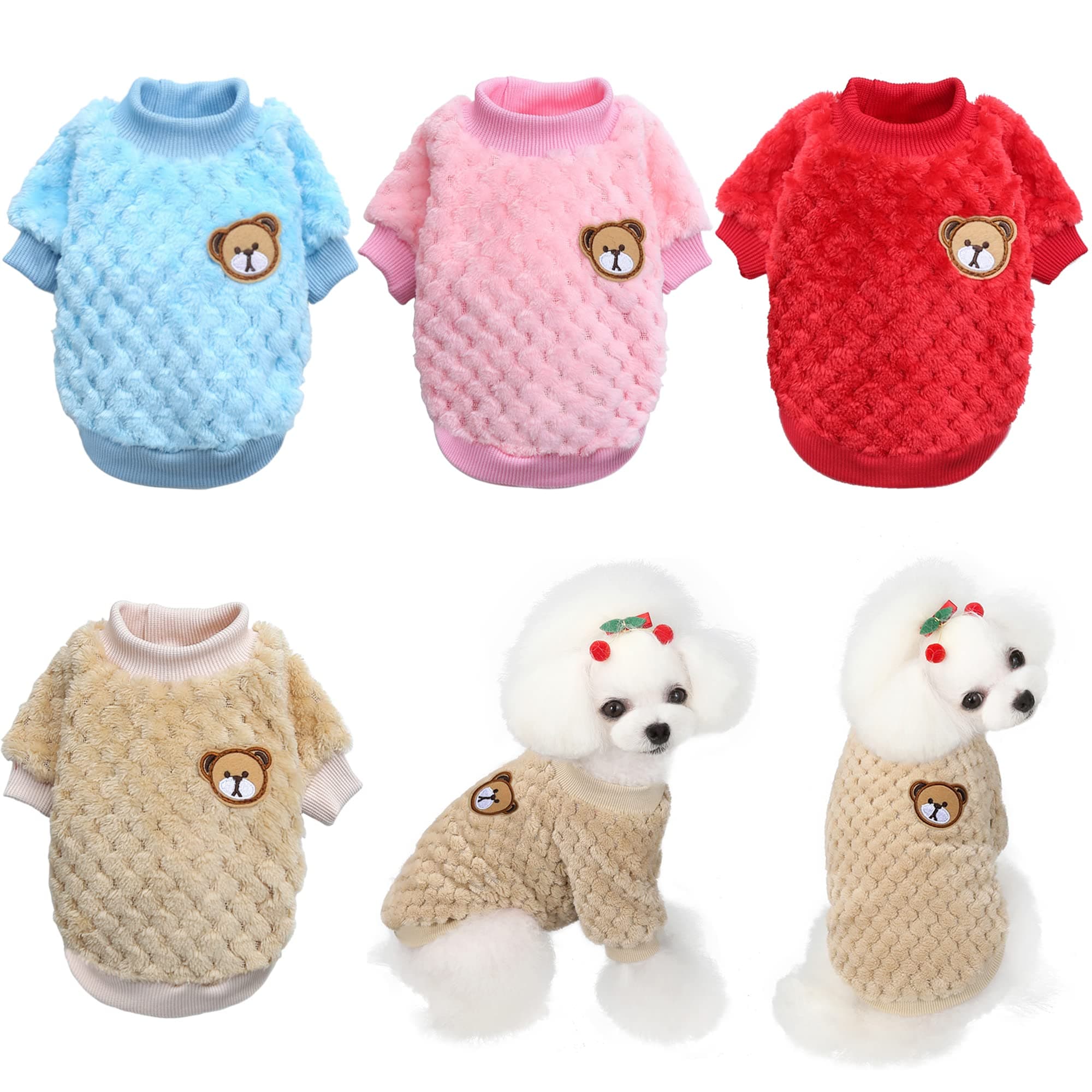 4 Pack Cute Bear Pattern Flannel Puppy Clothes, Dog Sweater for Small Dogs, Dog Cold Weather Coat, Doggie Sweatshirts, Warm Dog Pullover, Pineapple Grid Breathable Dog Clothes Dogs Cats Coat