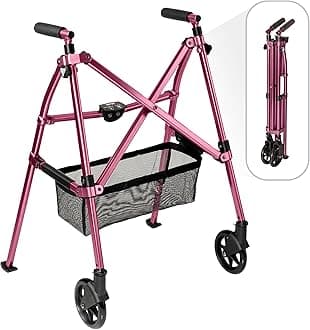 Stander EZ Fold-N-Go Walker, Lightweight Folding 2 Wheel Travel Walker for Seniors with Swivel Wheels, Regal Rose