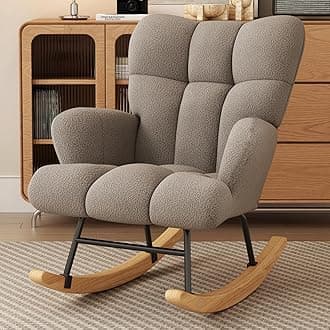 Glider Rocking Chair Nursery, Comfy Accent Chair Armchair with High Backrest Teddy Soft Upholstered Living Room Chairs for Reading Bedroom Living Room Home Offices Nursery (Khaki)