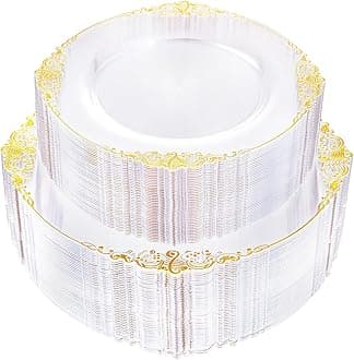 102PCS Clear Gold Plastic Plates - Clear Disposable Plates with Gold Rim - Clear Party Plate Include 51PCS Dessert Plates, 51PCS Dinner Plate for Weddings & New Year Parties