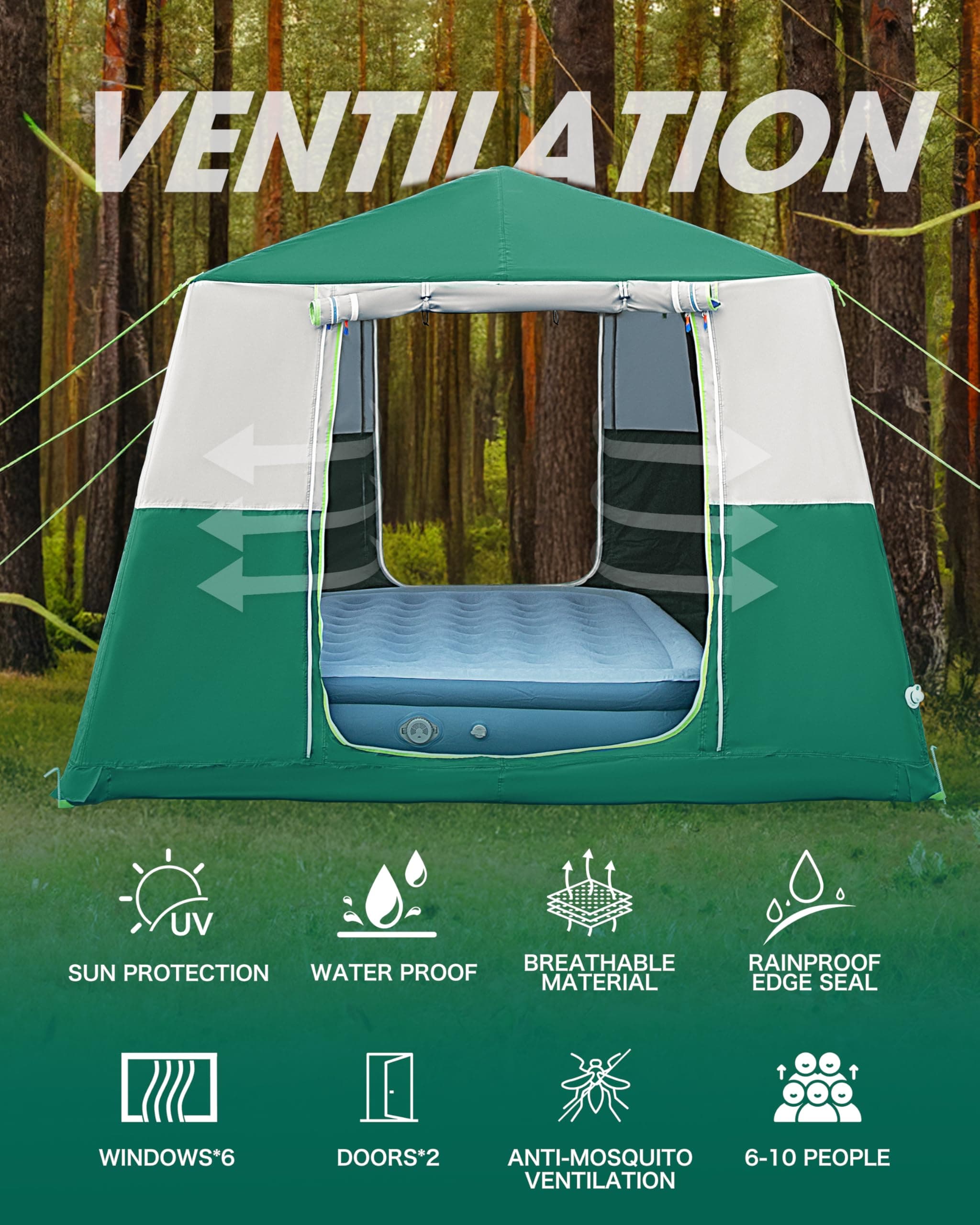 14.1'x6.5'x9' Inflatable Tents for Camping, Portable 6/8/10 Person Blow Up Air Tent, Waterproof Windproof Easy Setup Large Family Tent with 2 Doors, 6 Windows, Mosquito Screen