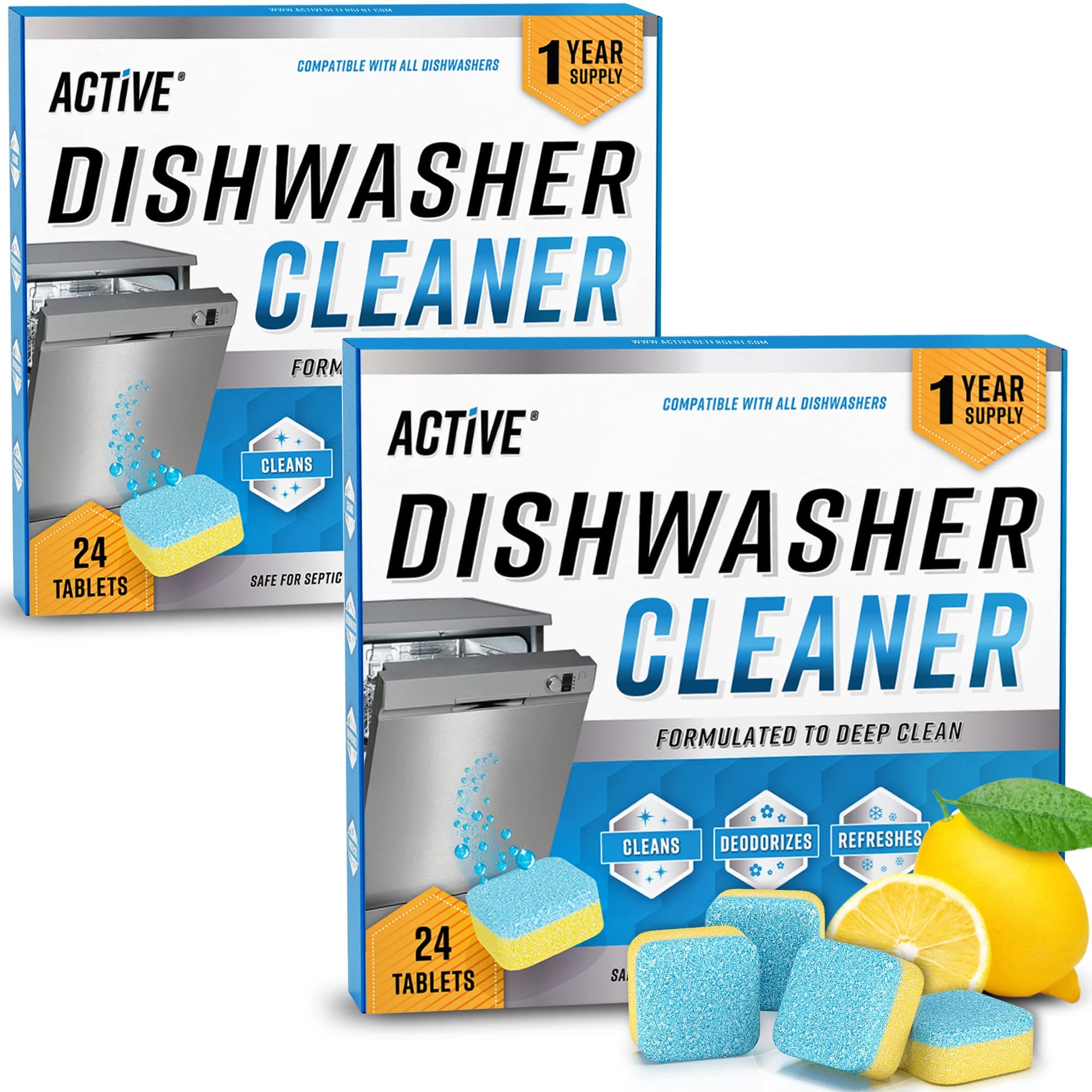 ACTIVE Dishwasher Cleaner Deodorizer Tablets 48 Pack - Deep Cleaning Descaler Pods Dish Washer Machine Clean, Heavy Duty & Septic Safe, Natural Limescale Remover, Hard Water, Calcium, Odor - 48 Count