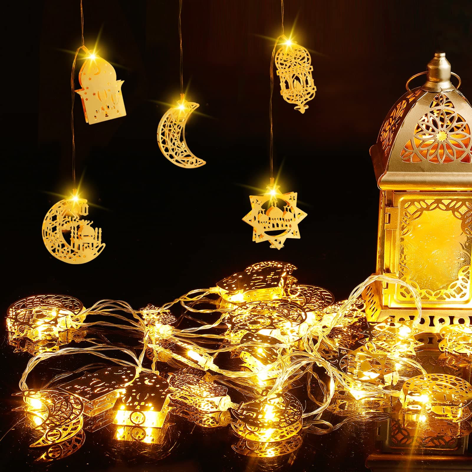 Ramadan Eid String Light- 9.8ft 20LEDs Eid Star Moon Kerosene Lantern Lamp Battery Operated Mubarak Islam Decorative Indoor Hexagram Lights for Muslim Islamic Home Garden Patio Decoration Supplies