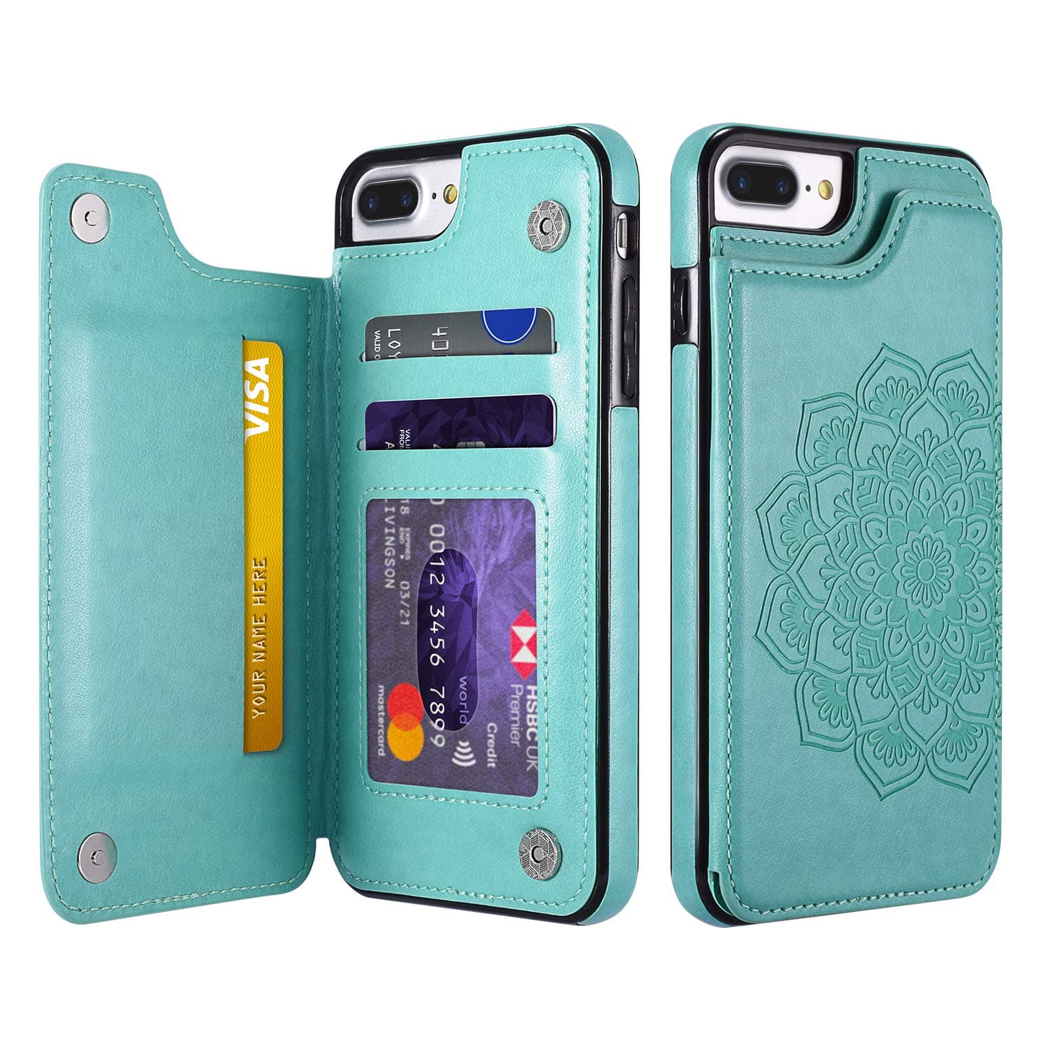 UEEBAI Case for iPhone 6 iPhone 6S,Luxury PU Leather Case [Two Magnetic Clasp] [Card Slots] Stand Function Embossed Mandala Pattern Half Flower Durable Soft TPU Back Wallet Cover - Mint Green#2
