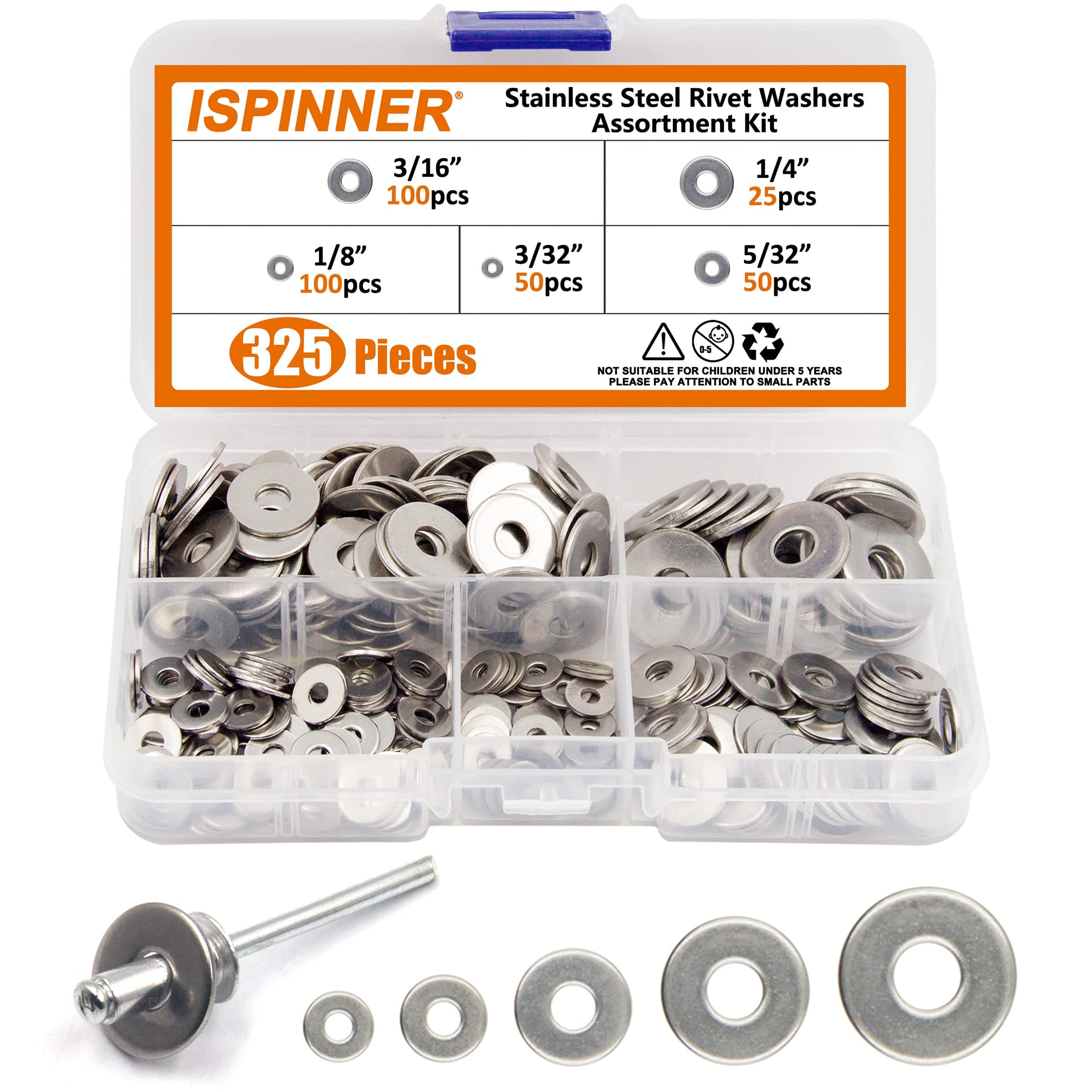 ISPINNER 325pcs Backup Rivet Washers Assortment Kit, Stainless Steel Washers for Blind Pop Rivets Diameter 3/32" 1/8" 5/32" 3/16" 1/4"