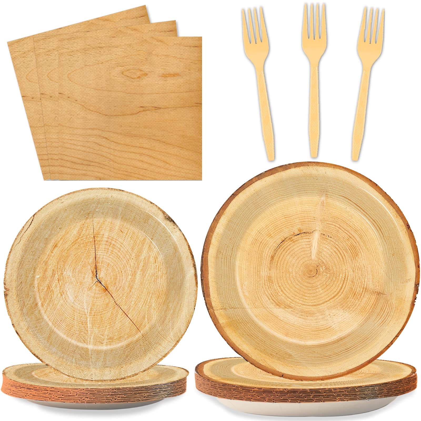 Wiooffen 96 PCS Brown Paper Tableware Set - Rustic Wood Tree Party Supplies for 24 Guests, Includes Plates, Forks, Napkins for Camping, Hunting Theme