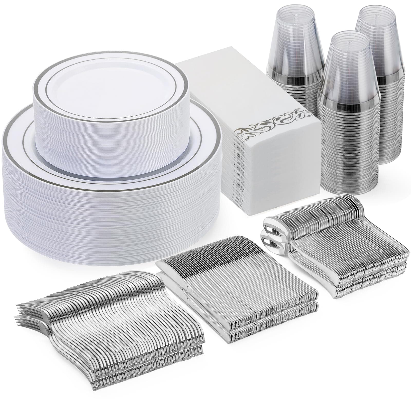 Goodluck 350 Pieces Silver Dinnerware Set for 50 Guests, disposable Plastic Plates for Party, Include: 50 Dinner Plates, 50 Dessert Plates, 50 Paper Napkins, 50 Cups, 50 Silverware set