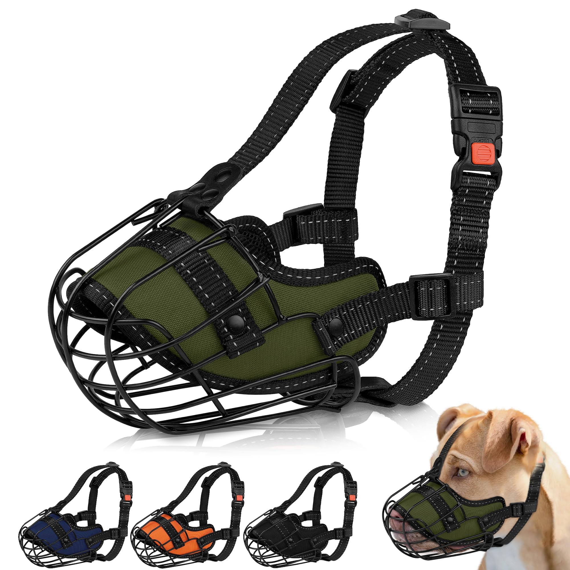 Pitbull Dog Muzzle Reflective Metal Mask Secure Wire Basket Muzzles for Large Sized Dogs Amstaff Soft Cage to Prevent Biting Chewing with Adjustable Nylon Straps (Green, Pitbull)
