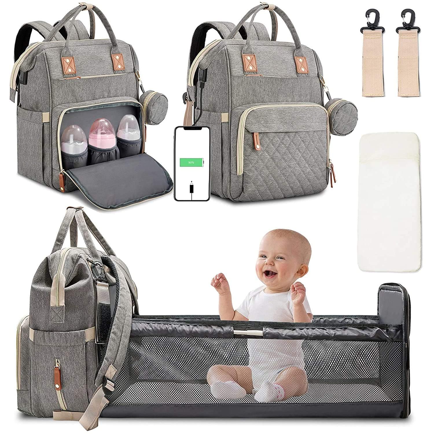 Nappy Changing Bag Backpack,Baby Diaper Bag Nappy Back Pack with USB Charging Port and 2 Stroller Straps for Mom and Dad