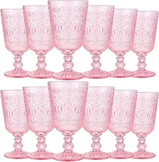 Eaasty Wine Glasses Set of 12 Vintage Goblet 9 oz Vintage Colored Glass Goblet Beverage Stemmed Glass Cups Romantic Embossed Glassware for Wedding Party Holidays Anniversary (Pink)