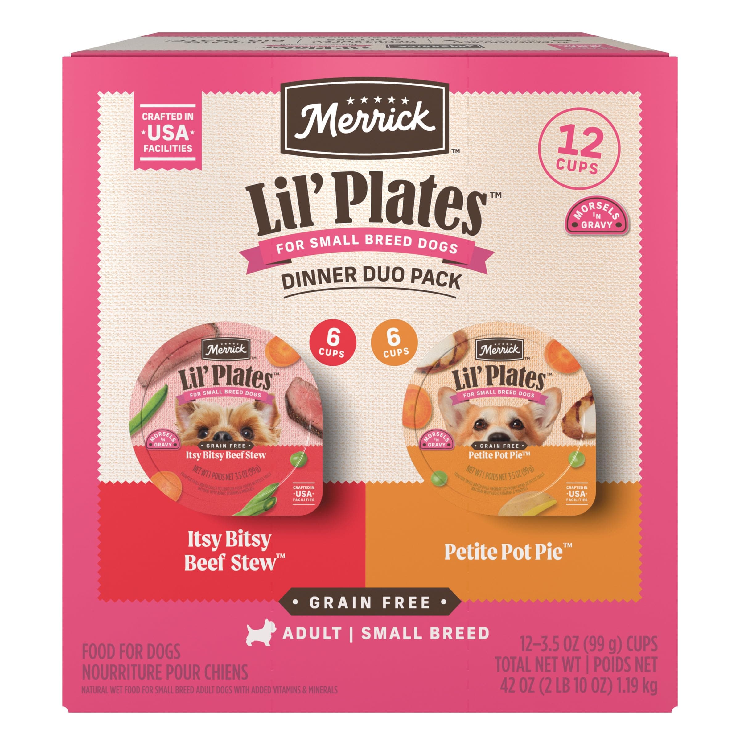 Merrick Lil’ Plates Dinner Duos Variety Pack, with Itsy Bitsy Beef Stew and Petite Pot Pie - (12) 3.5 oz Tubs