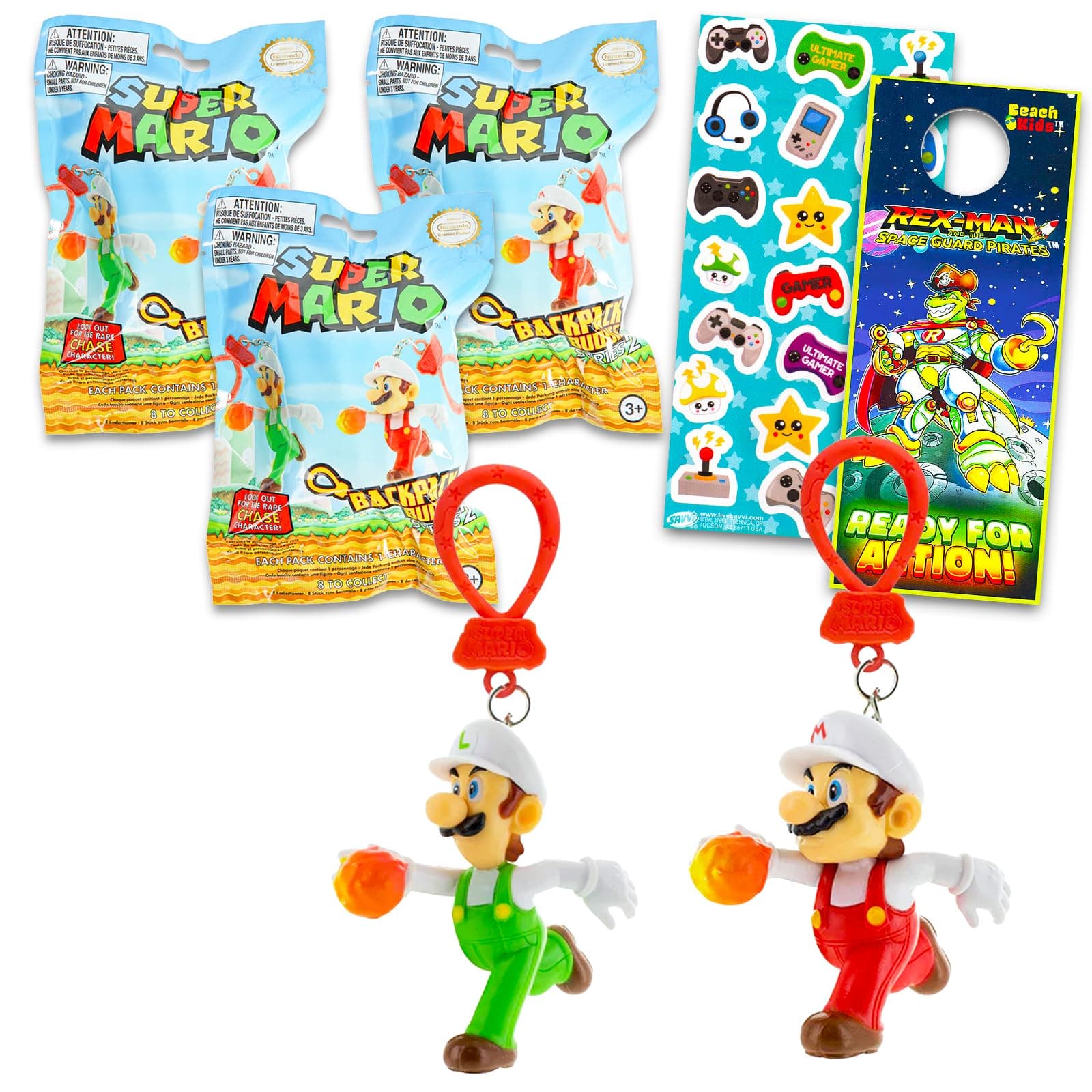 Super Mario 3 Pack Blind Bags Party Favors - Bundle with 3 Backpack Buddies Hangers Surprise Keychain Mystery Figures and More Bag Clips for Kids Boys Girls