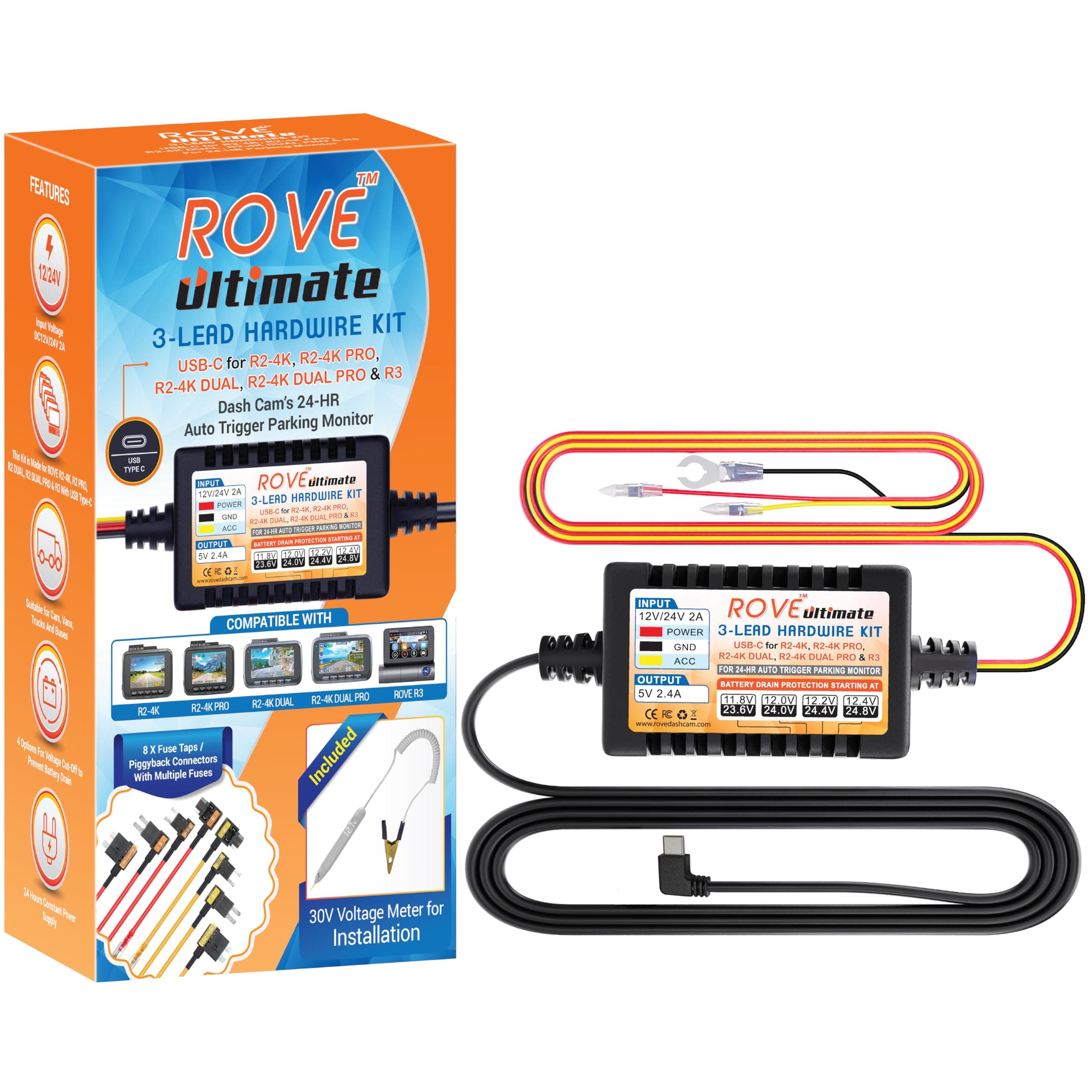 Ultimate Dash Cam Hardwire Kit with USB-C Port for R2-4K, R2-4K PRO, R2-4K Dual, R2-4K Dual PRO, and R3 Dash Camera Models, 24Hr Parking Monitoring Kit with Low Voltage Protection