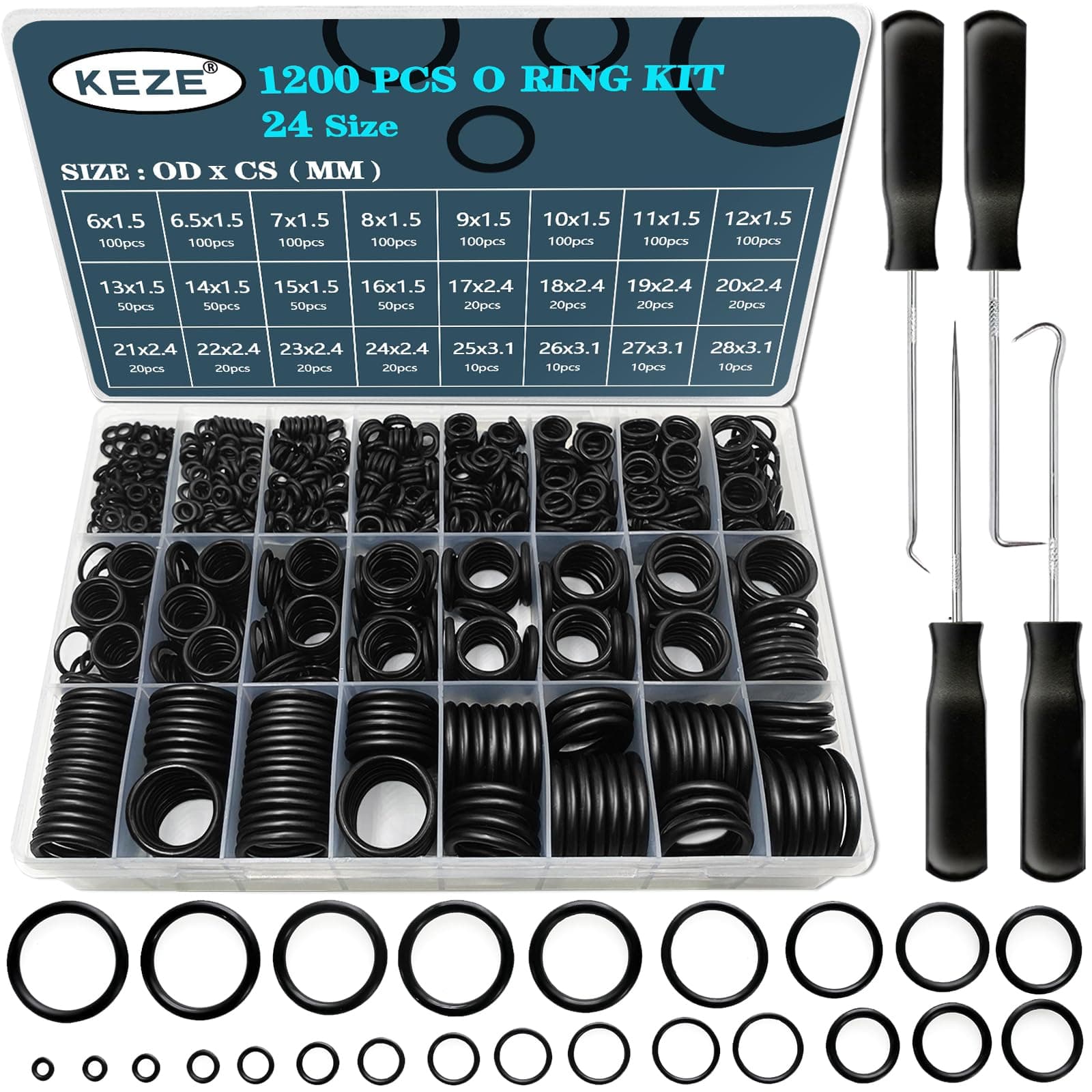 KEZE 1200 Pcs 24 Size Universal Rubber O-Ring Assortment Kit with 4-Piece Precision Pick and Hook Set for Auto Vehicle Faucet Plumbing Pressure Washer Air or Gas Sealing Repair OD:6mm-28mm O Ring