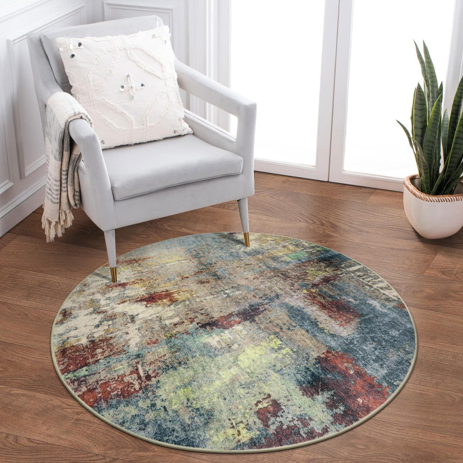 Lahome Modern Abstract Round Rug - 3Ft Small Red Washable Kitchen Round Area Rug Bedroom Circle Mat, Soft Low Pile Non Slip Indoor Throw Carpet for Cabinet Bathroom Living Room Office