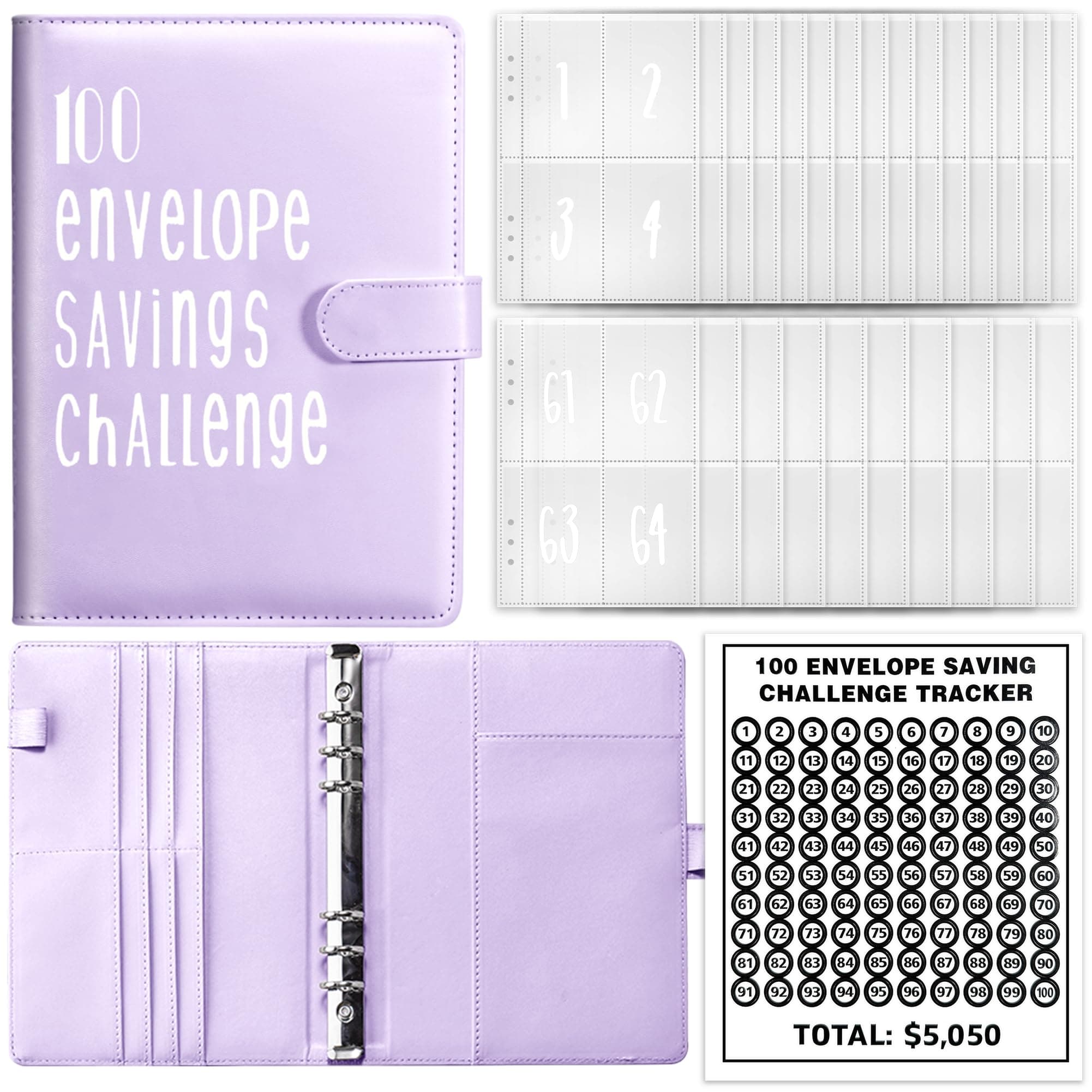 MATHARAGO 100 Envelope Savings Challenge Binder, Budget Planner with Cash Envelopes for Total $5050, A5 PU Leather Notebook 100 Day Money Saving Challenge Binder Cash Envelopes (Purple)