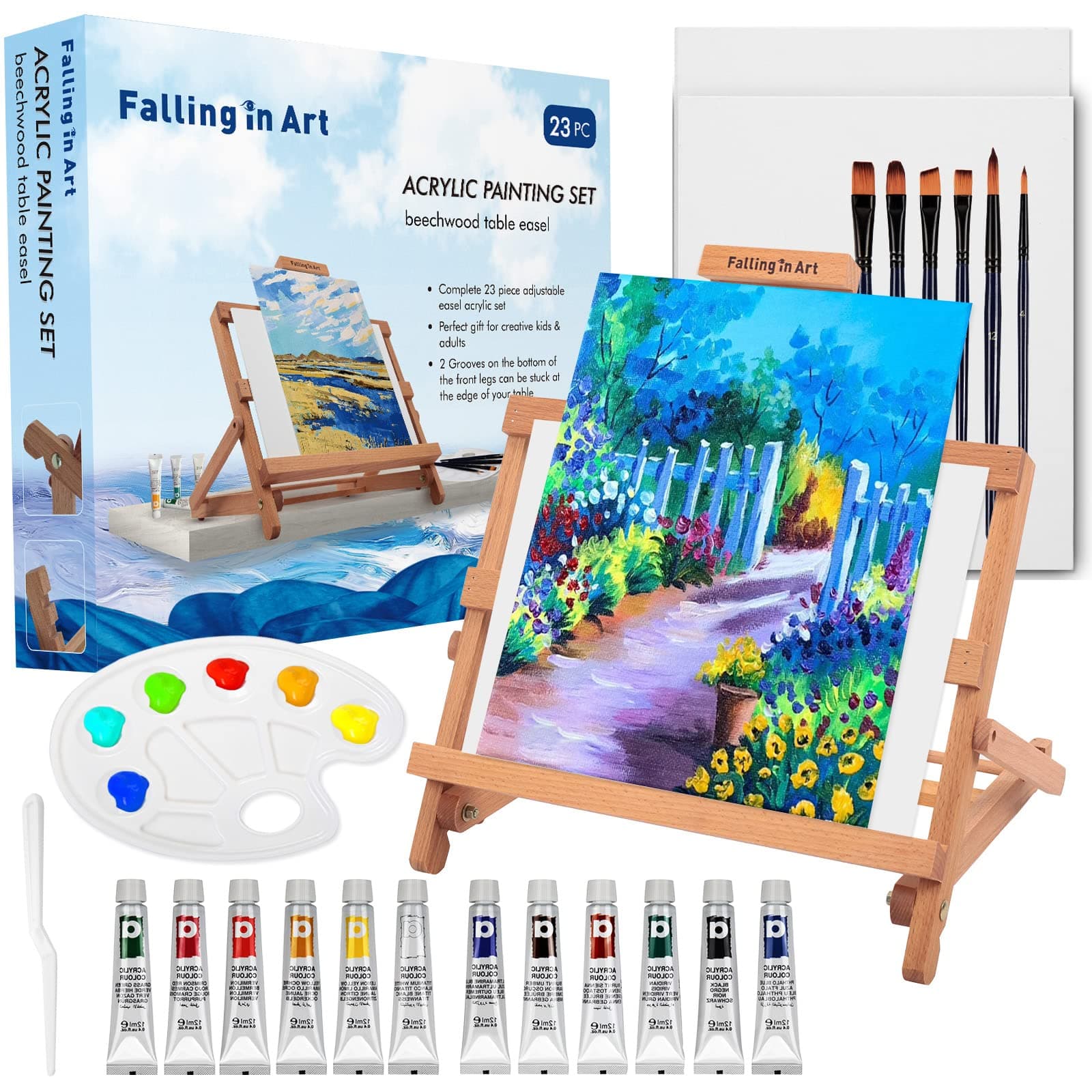 Falling in Art Adjustable Easel Set-Tabletop Easel Starter Kit with Acrylic Painting Sets, Canvas Panels, Brushes, Palette for Gifts
