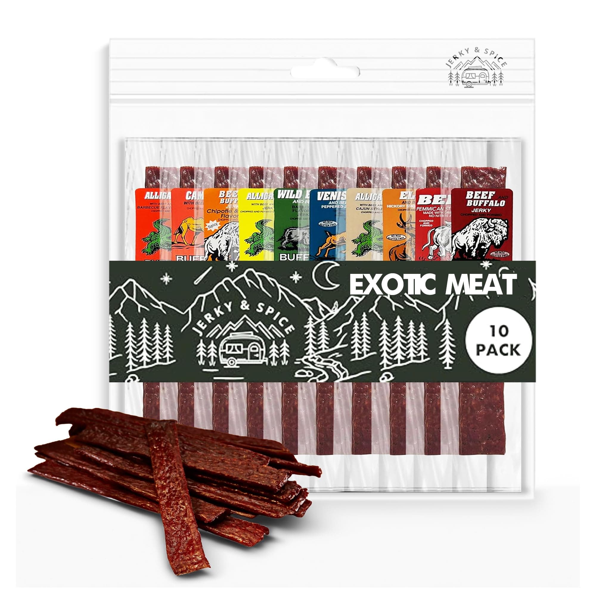 Jerky-n-Spice Exotic Jerky Variety Pack (10 Count) | Beef Jerky Gifts for Men | Assorted High Protein Meat Snacks | Premium Gourmet Wild Game Sampler | Ideal for Birthday, Road Trip & Camping
