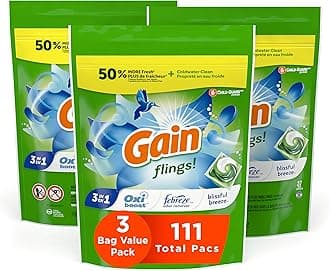 Gainflings! Liquid Laundry Detergent Soap Pacs, HE Compatible, 3 Bag Value Pack, 111 Count, Long Lasting Scent, Blissful Breeze Scent
