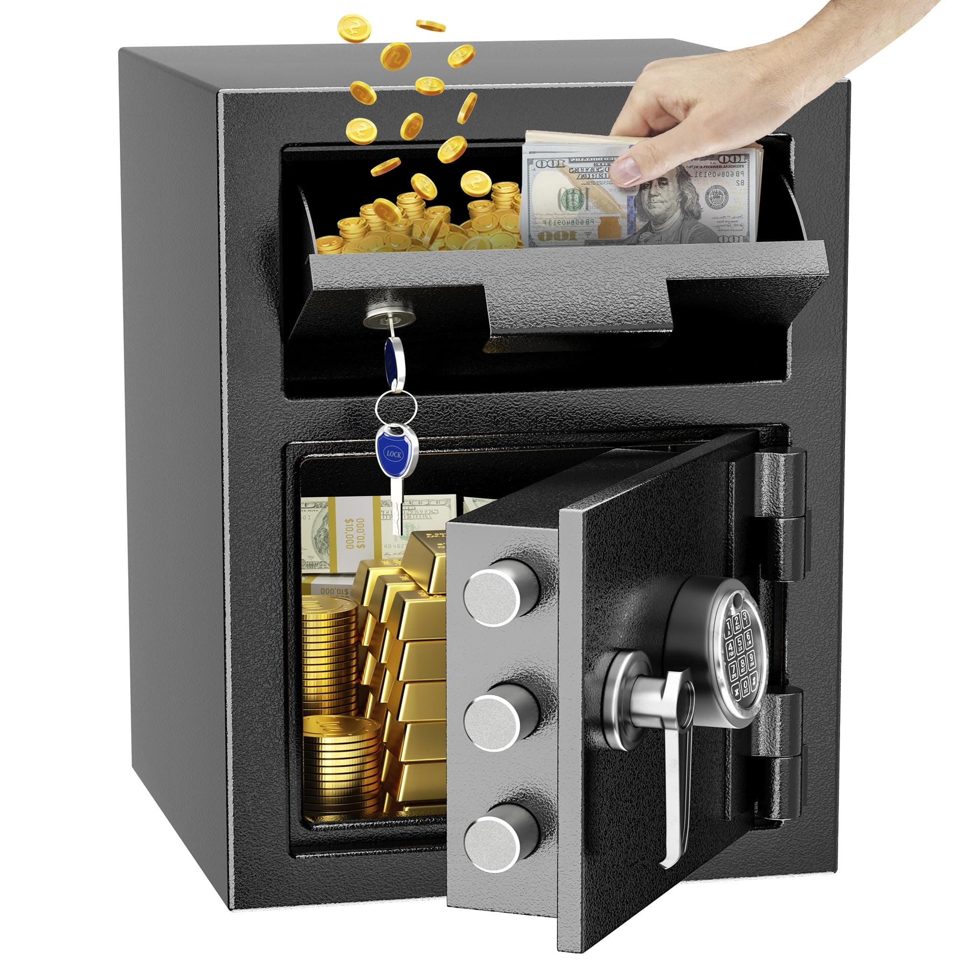 INTERGREAT 2.6 Cub Depository Drop Safe,80 lbs safes Money Security Box with Digital keypad and Key for Mail,Cash,Anti-Theft Safe for Business,Office,Home
