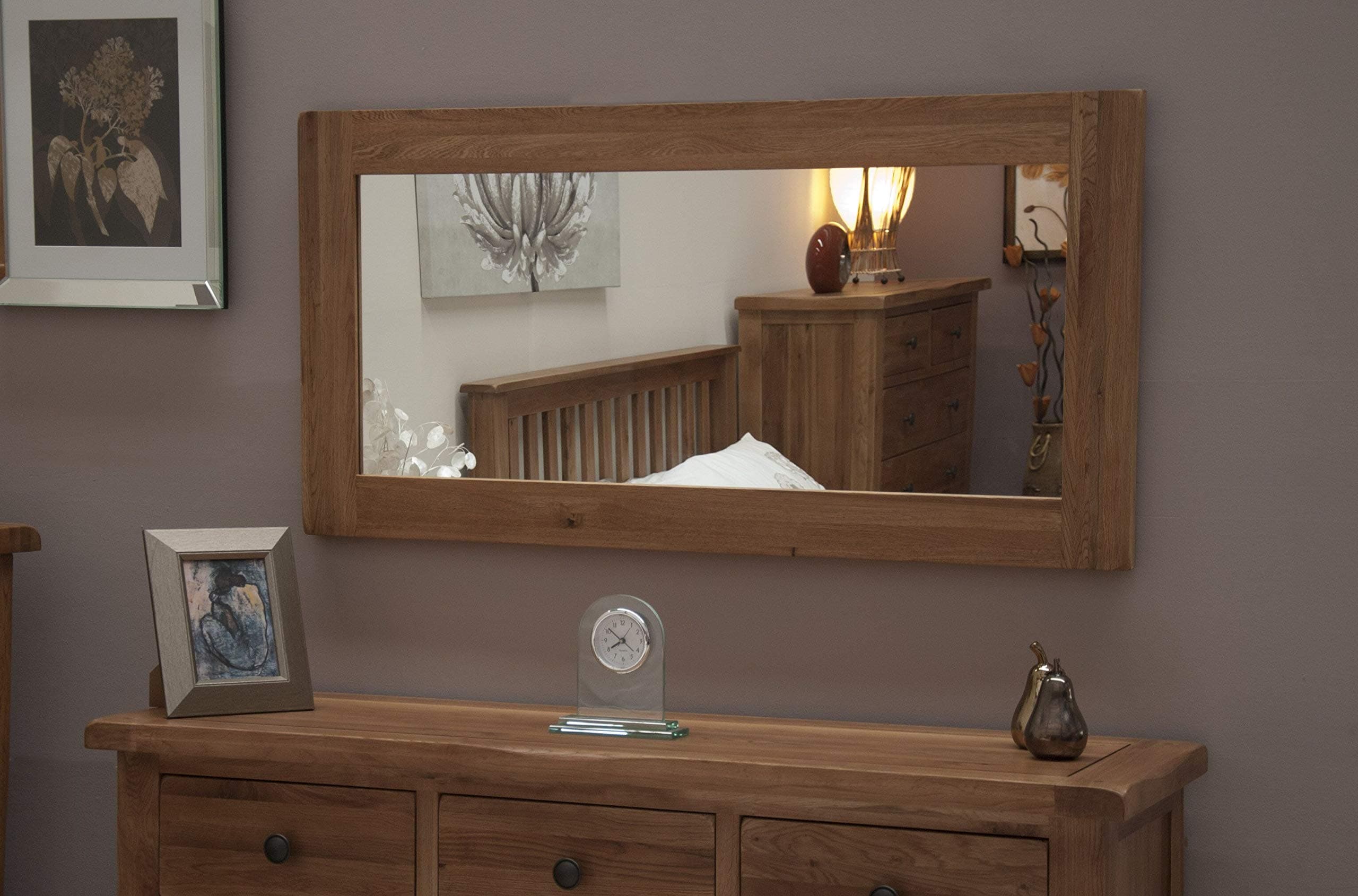 Yabbyou Vintage Solid Oak Large Wall Mirror 120cm by 64cm Bevelled Glass