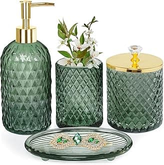Bathroom Accessories Set, 4Pcs Sage Green Glass Bathroom Accessory Set Complete w/Lotion Soap Dispenser, Toothbrush Holder, Qtip Holder, Soap Dish, Gold Bathroom Decor Sets, Gift for Home Apartment