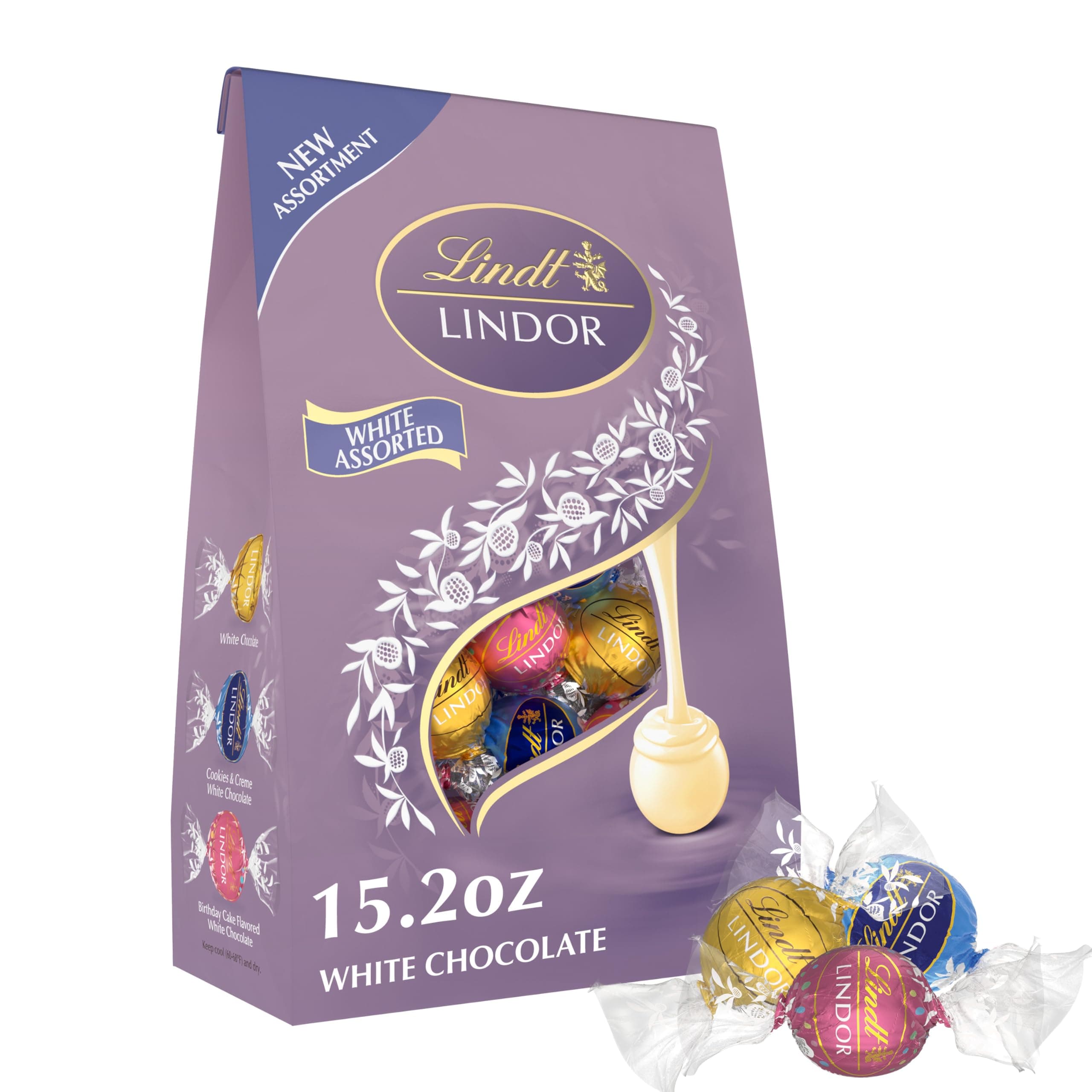 LINDOR White Chocolate Assorted Chocolate Candy Truffles with Smooth, Melting Truffle Center, 15.2 oz. Bag