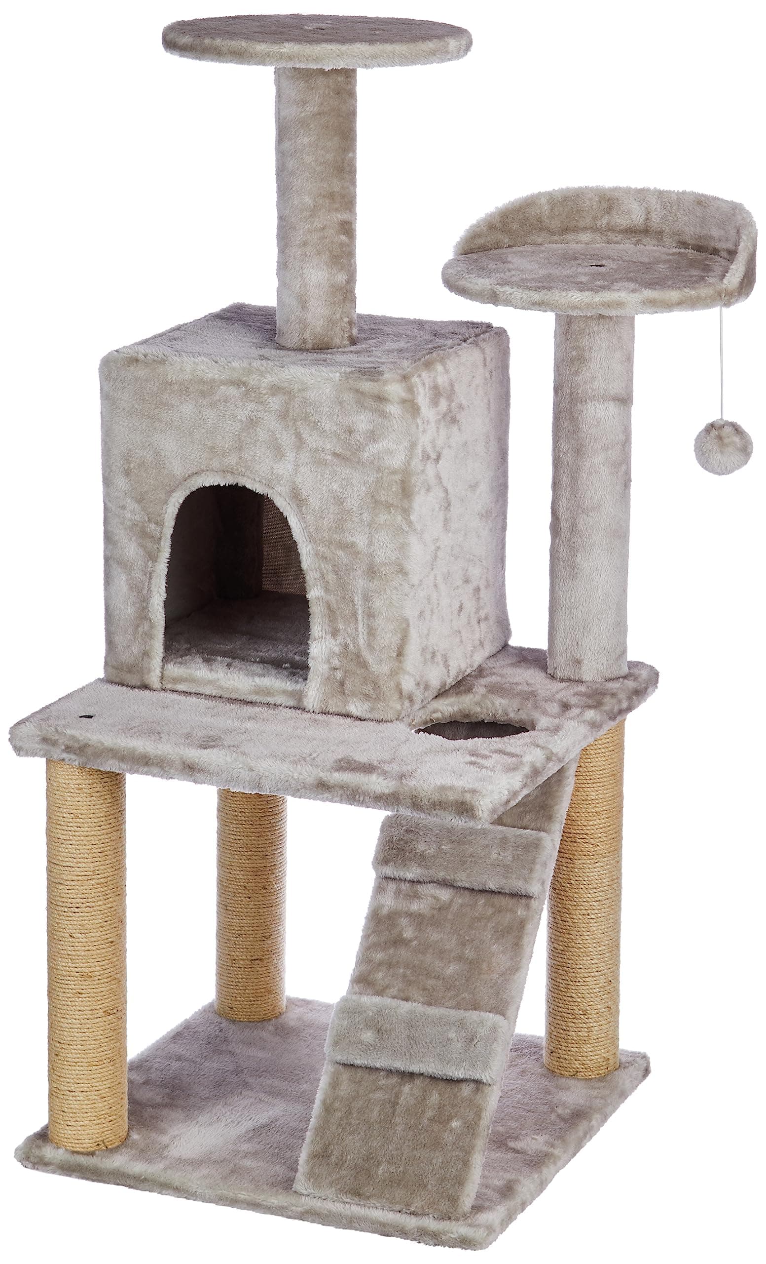 Amazon Basics Large Cat Tree with Scratching Posts, Balls, Stairs and House | 48.5 x 45.5 x 106.5 cm | Grey