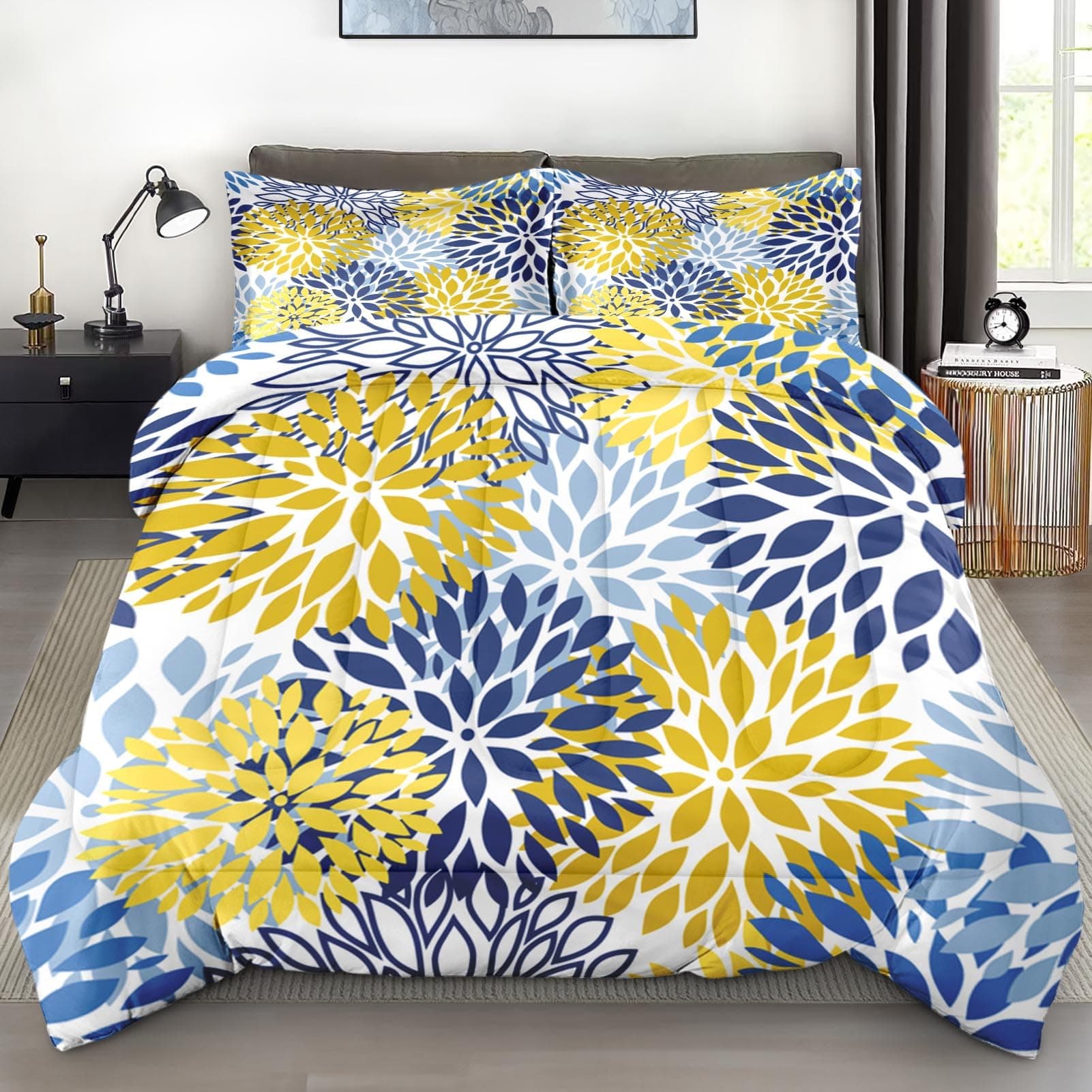 Comforter Set Full Size, Floral Navy Blue Summer Soft 3 Pcs Bedding for Kids and Adults, Yellow Flower Comforter Set with 2 Pillowcases, for Bedroom Bed Decor
