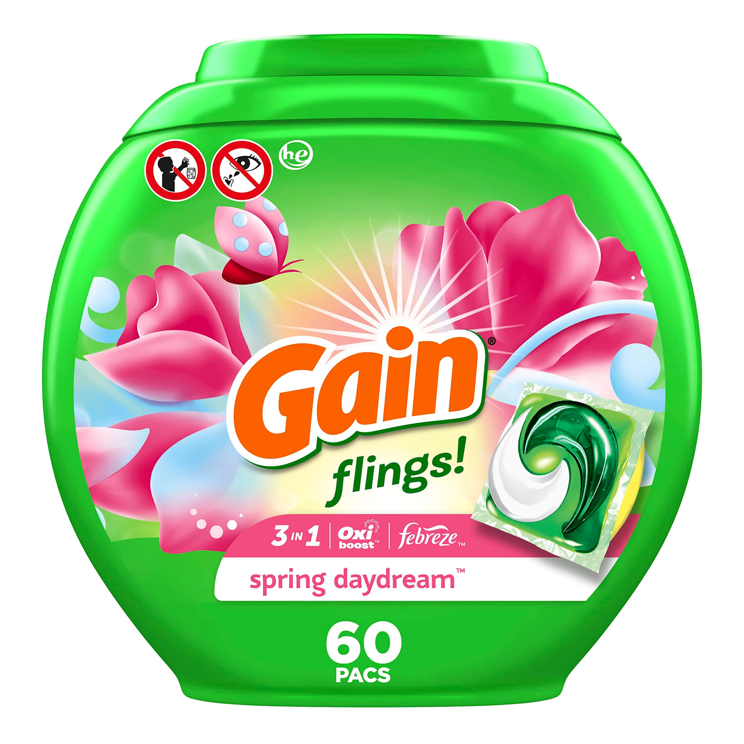 Flings Laundry Detergent Soap Pacs, HE Compatible, 60 ct, Long Lasting Scent, Spring Daydream