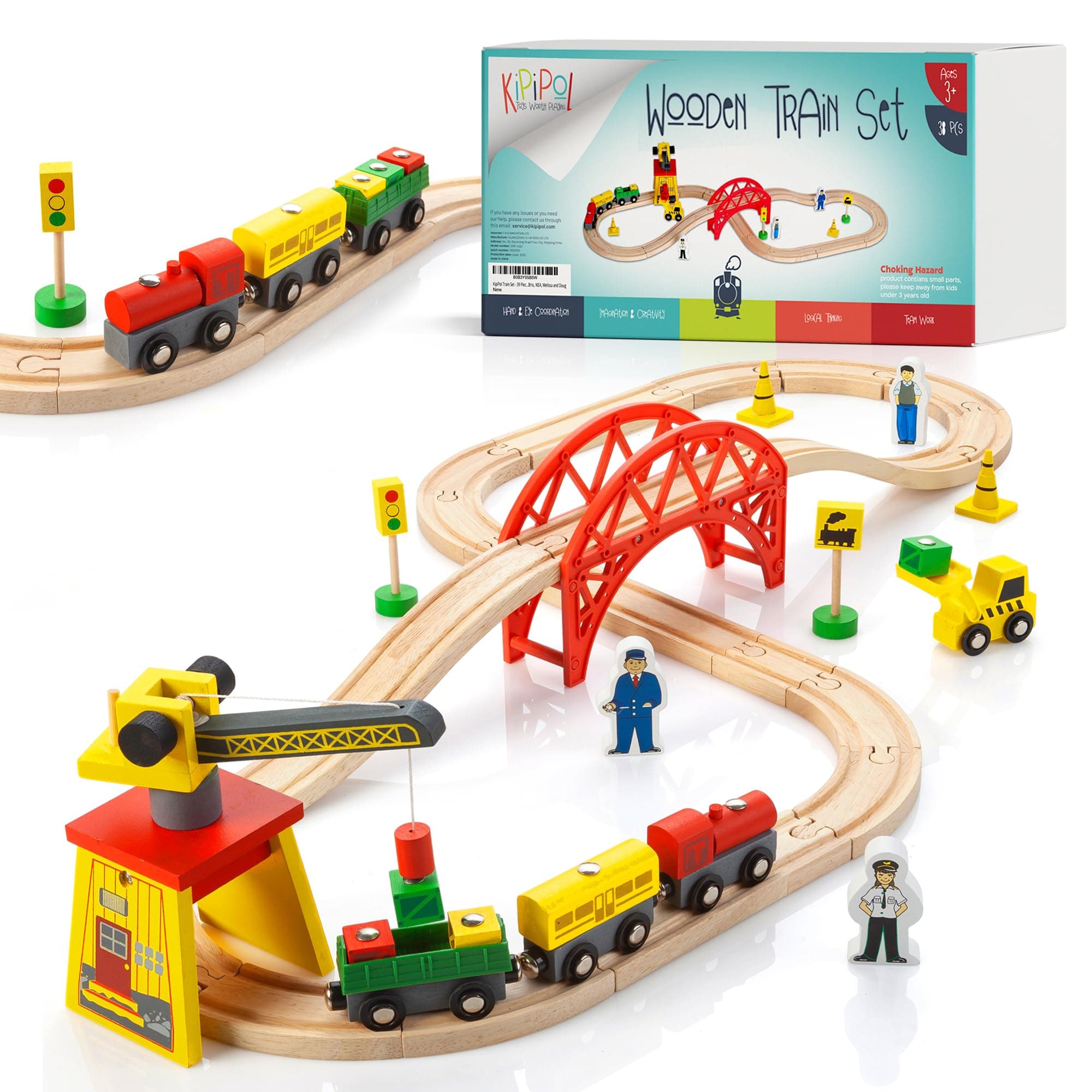 Wooden Train Sets for Boys 2-4-7 – 38 Pcs Wood Train Set for Toddlers w/ Crane, Bridge & Wooden Train Tracks – Train Toys for 3 Year Old Boys & Girls – Fits Thomas Brio IKEA Melissa and Doug